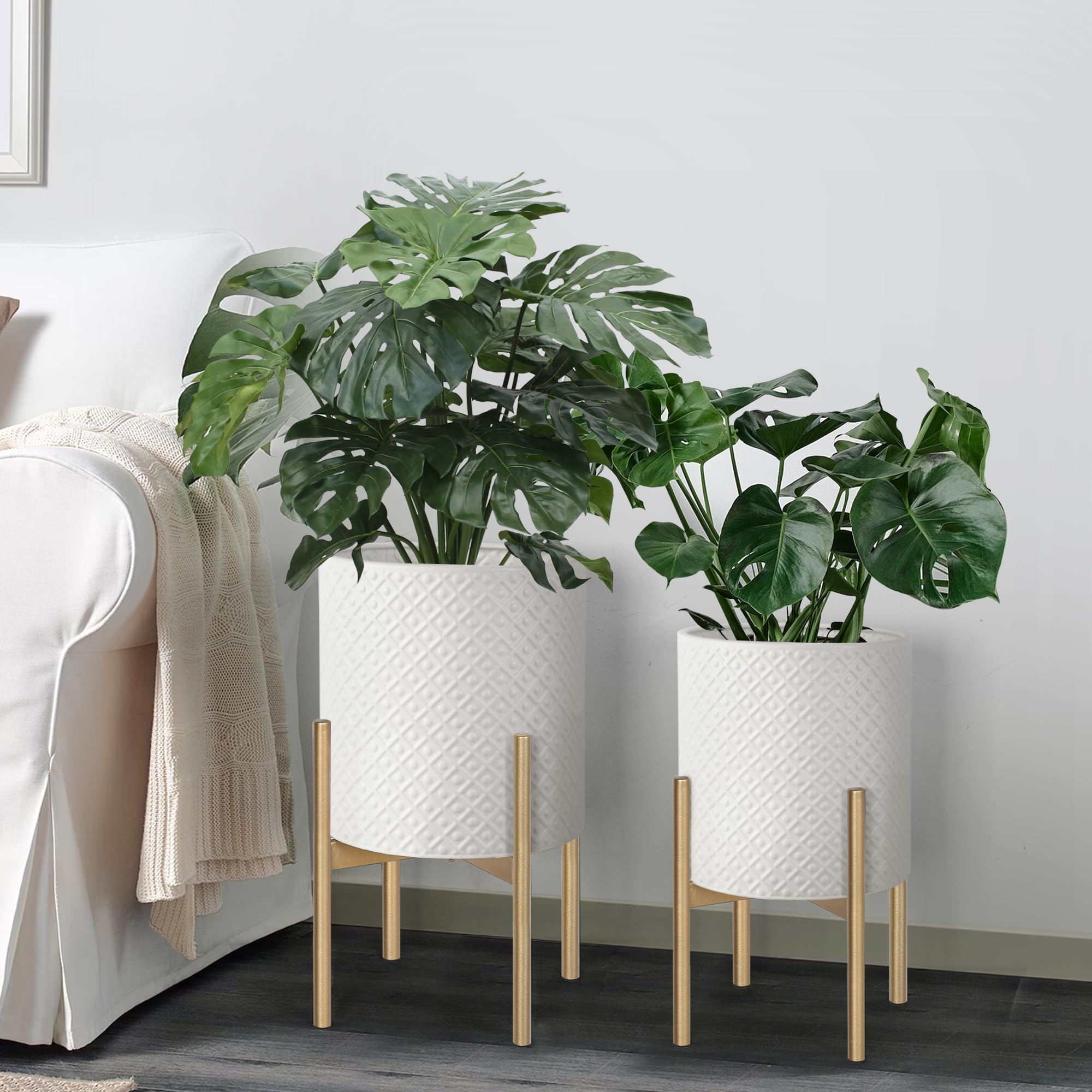 Oakrain Mid Century Modern Planters - Set of 2 Metal Indoor Plant Pots with Gold Stands (10