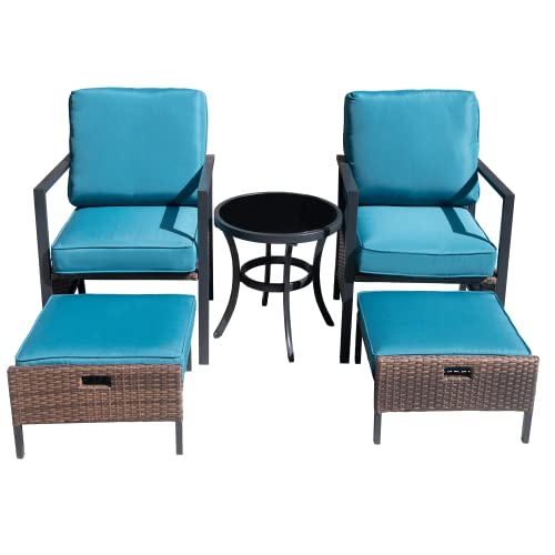 5-Piece Luxury Patio Conversation Set with Ottoman - Outdoor Wicker Rattan Furniture, Comfortable Lounge Chairs & Glass Top Side Table - Perfect for Balcony, Backyard, Poolside & Garden Decor - Ideal for Outdoor Entertaining & Relaxation