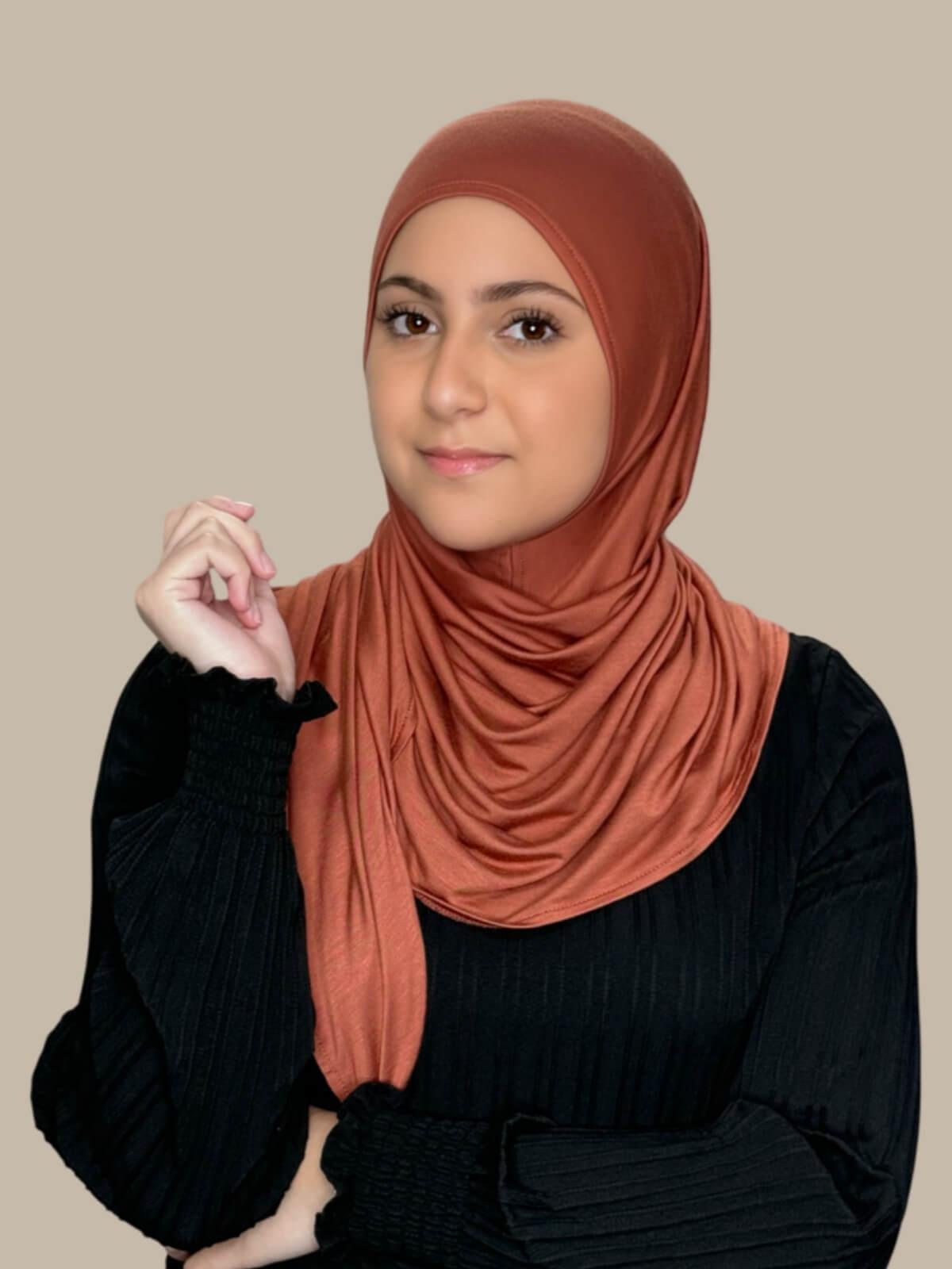 Stylish Pre-Sewn Jersey Hijab for Women - Soft & Comfortable Brick Red Scarf - Perfect for Daily Wear, Work, and Special Occasions