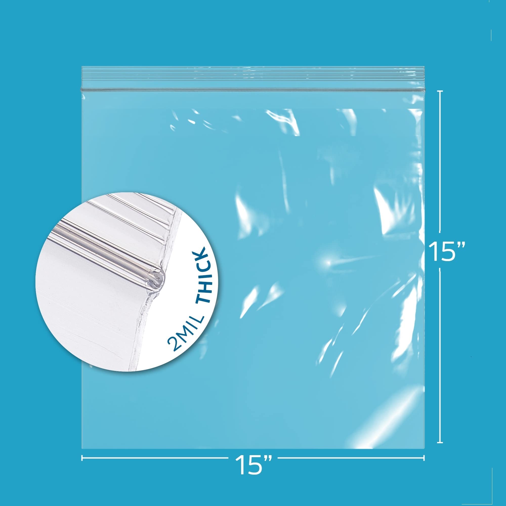 15x15 Inch Clear Reclosable Plastic Zip Bags - Bulk Pack of 1000, 2 Mil Thick Durable Poly Baggies with Resealable Zipper Top - Perfect for Travel Storage, Food Packaging, Craft Supplies & Shipping Supplies
