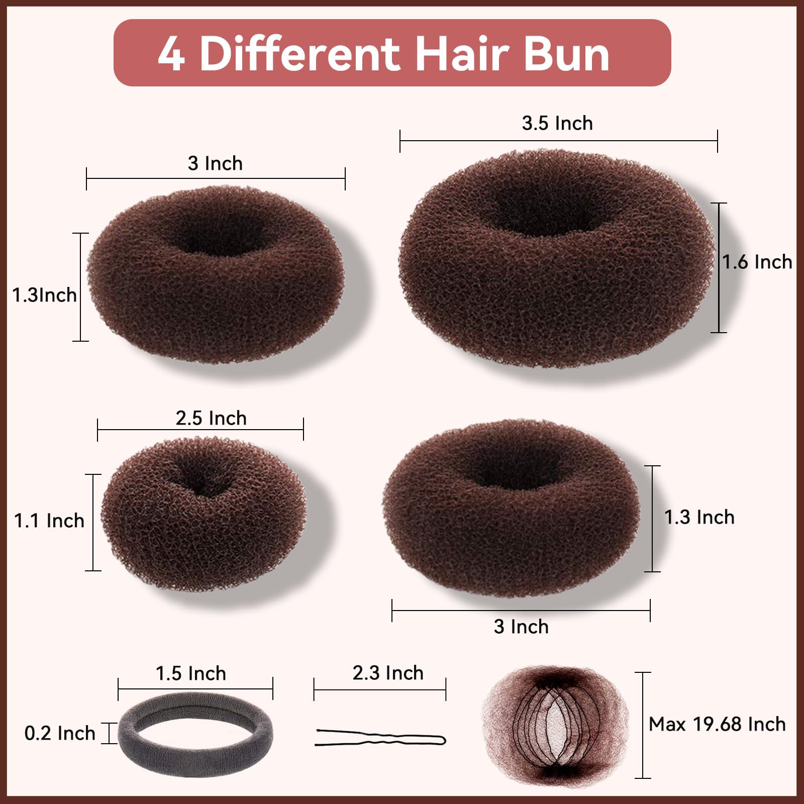 YaFex Hair Bun Maker Kit - 4 Pcs Donut Bun Makers (Large, Medium, Small) with 10 Hair Nets, 6 Elastic Hair Ties & 20 Bobby Pins - Perfect for Updos, Ballet, Wedding & Everyday Hairstyles (Brown)