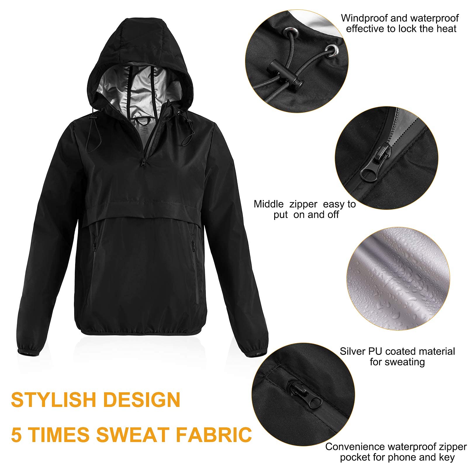 Women's Sauna Suit for Weight Loss - Half Zip Workout Running Jacket with Hood & Pockets | Hot Sweat Suit for Sauna, Exercise & Fitness Training