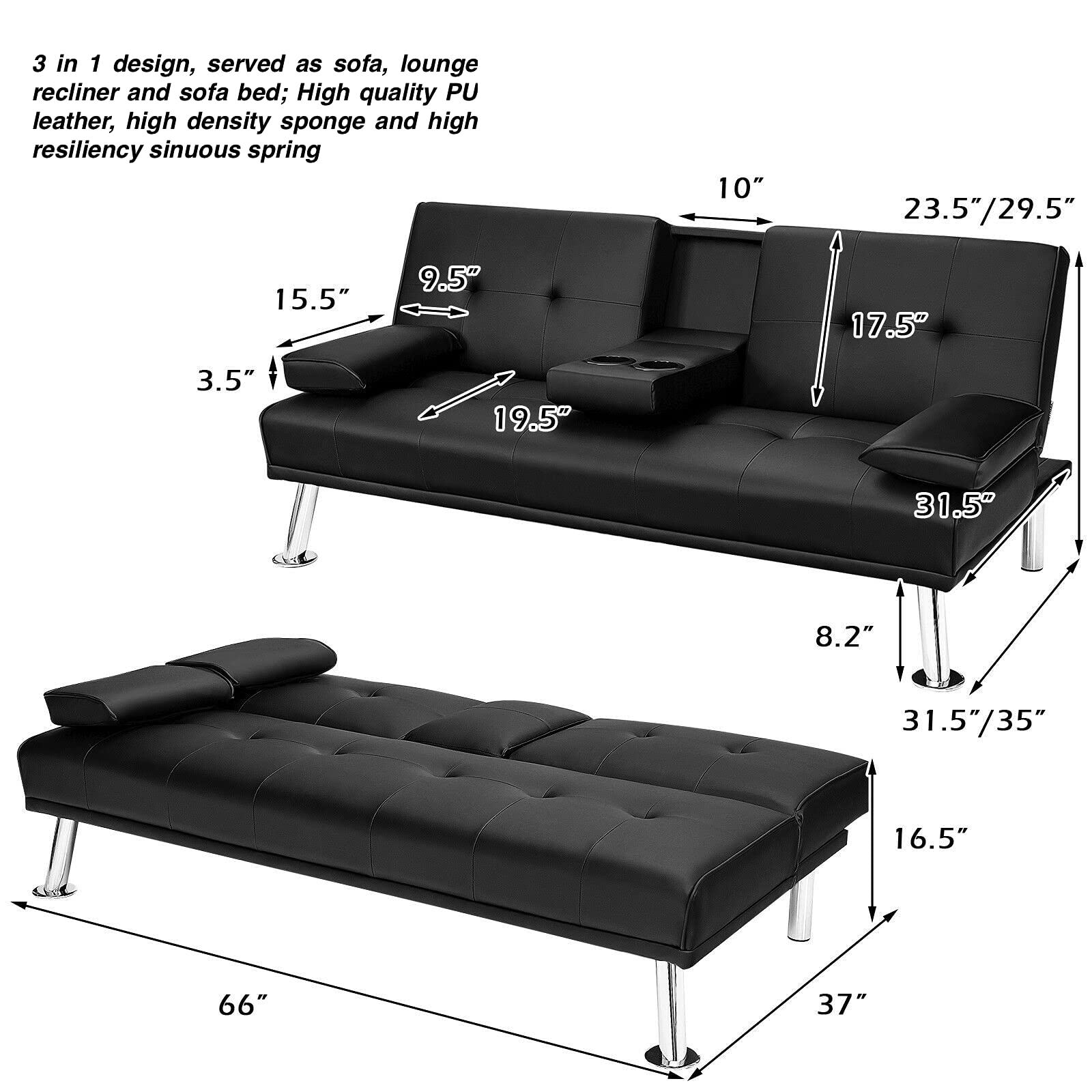 Convertible PU Leather Futon Sofa Bed - 3 in 1 Design with Adjustable Backrest, Metal Legs & Cup Holders | Perfect for Small Spaces, Guest Rooms & Home Offices | Black Modern Sleeper Sofa for Apartments & Dorms