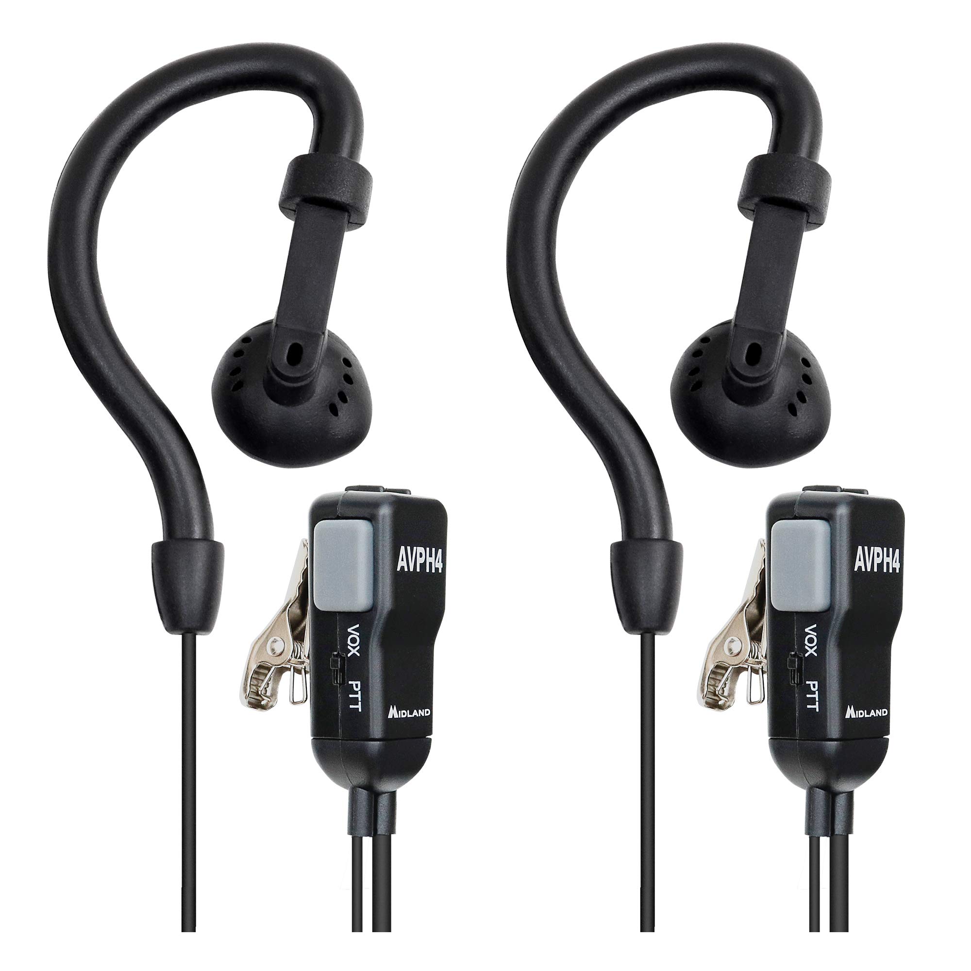 Midland AVPH4 Ear Clip Headset for GMRS Two-Way Radios - Secure Fit Headphones with Built-In Mic & PTT Button - Crystal Clear Communication for Outdoor Activities, Construction, and Emergency Use