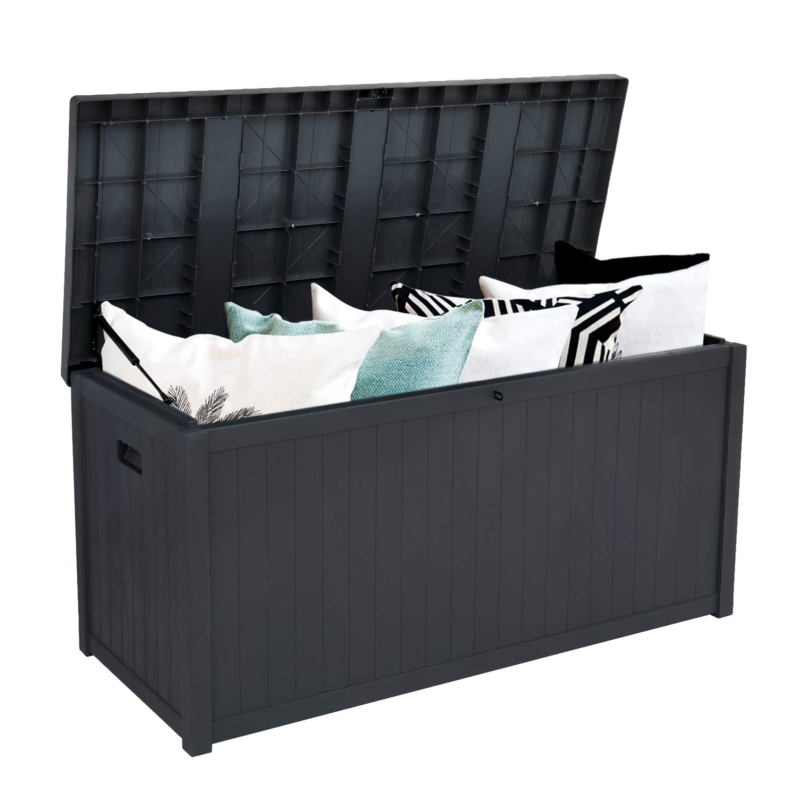 113 Gallon Resin Deck Storage Box with Lockable Lid - Waterproof Outdoor Storage Bin for Patio Cushions, Pool Toys & Garden Tools - Durable Wooden Exterior Design - Perfect for Backyard, Poolside & Patio Organization