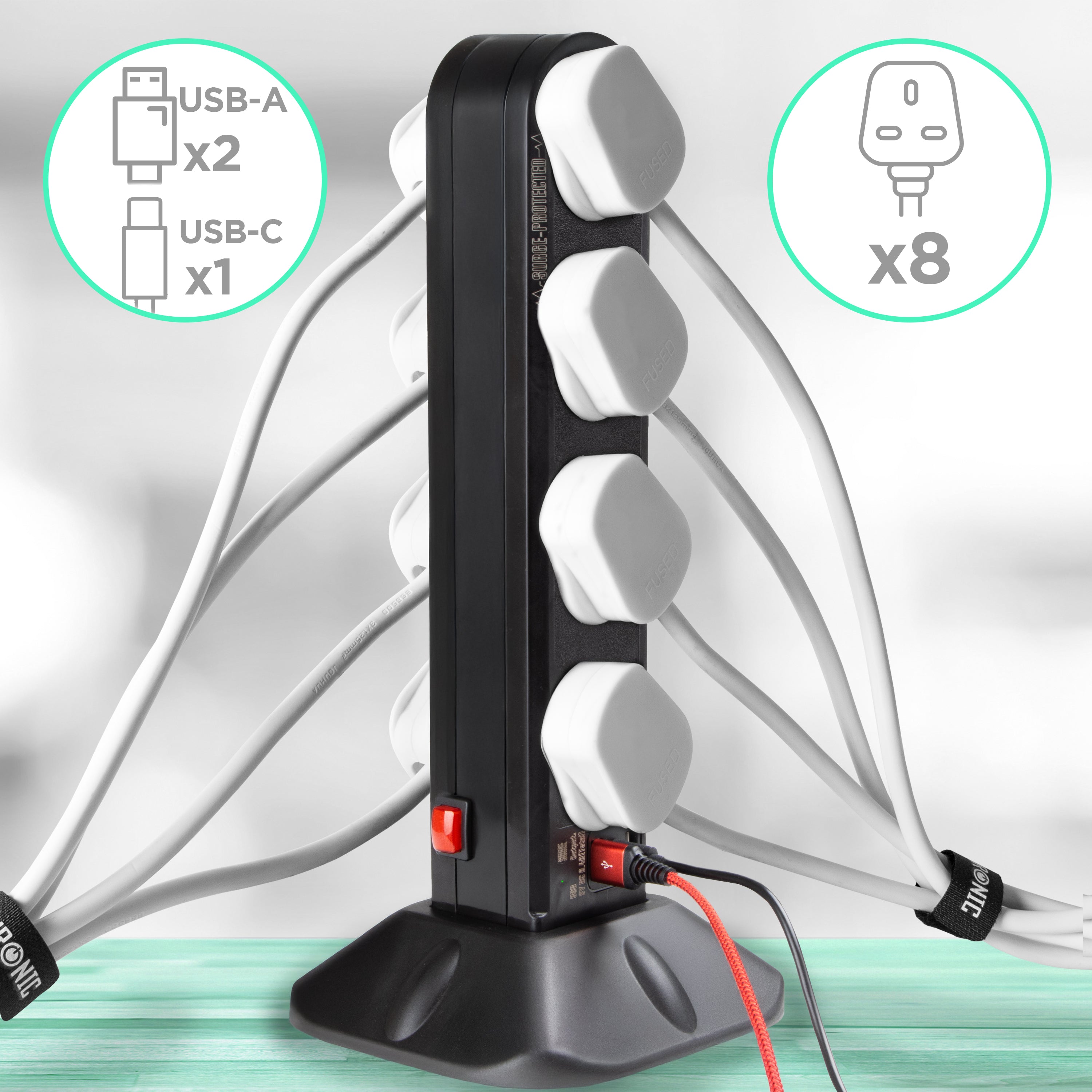 Duronic 8-Way Surge Protected Extension Lead with 2 USB Ports & 1 USB-C | UK Plug Multi-Socket Tower | 2m Black Power Cord for Home Office & Gaming Setup