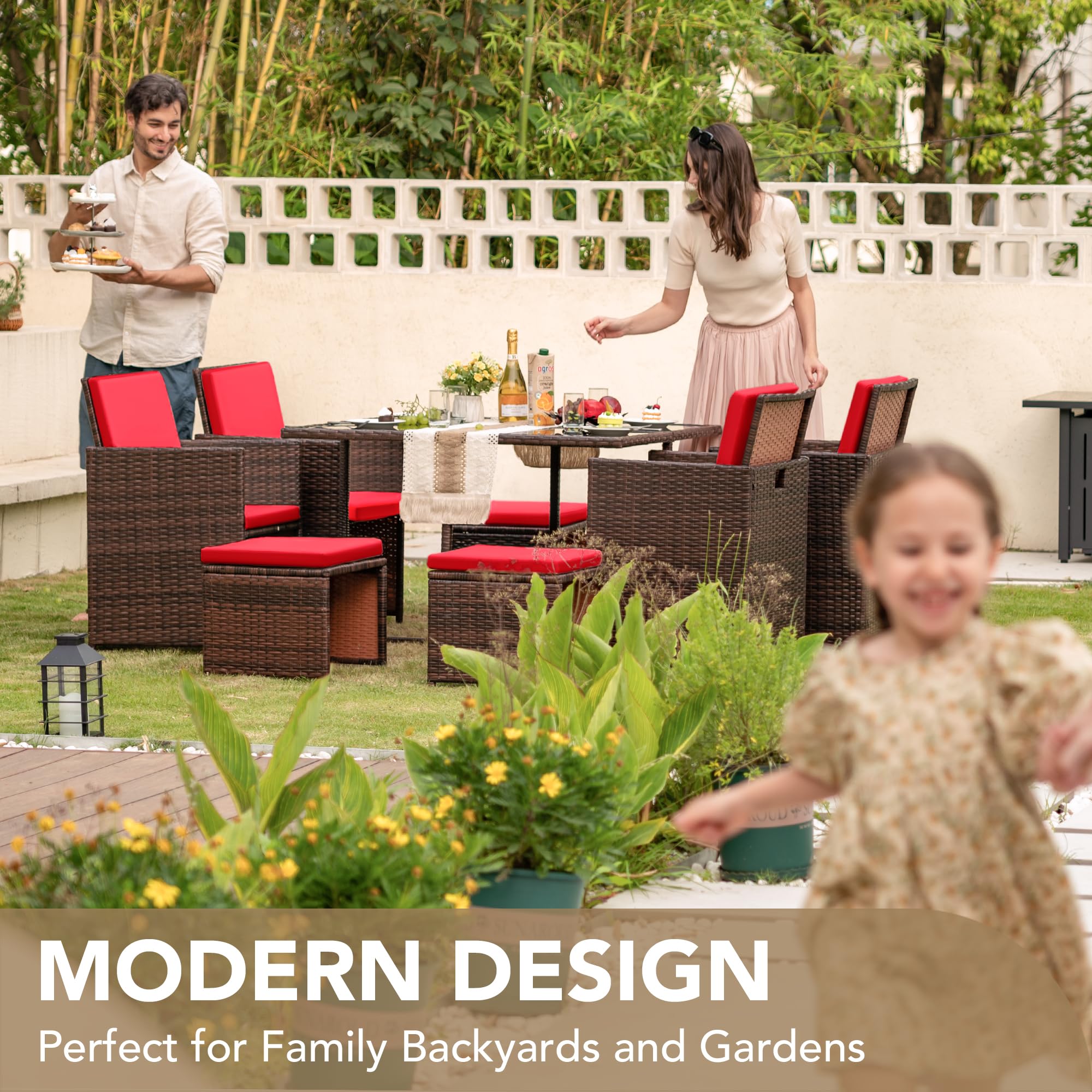 Devoko 9-Piece Outdoor Patio Dining Set with Rattan Chairs, Glass Table & Cushions - Space-Saving Conversation Furniture for Garden, Backyard, Poolside (Red)