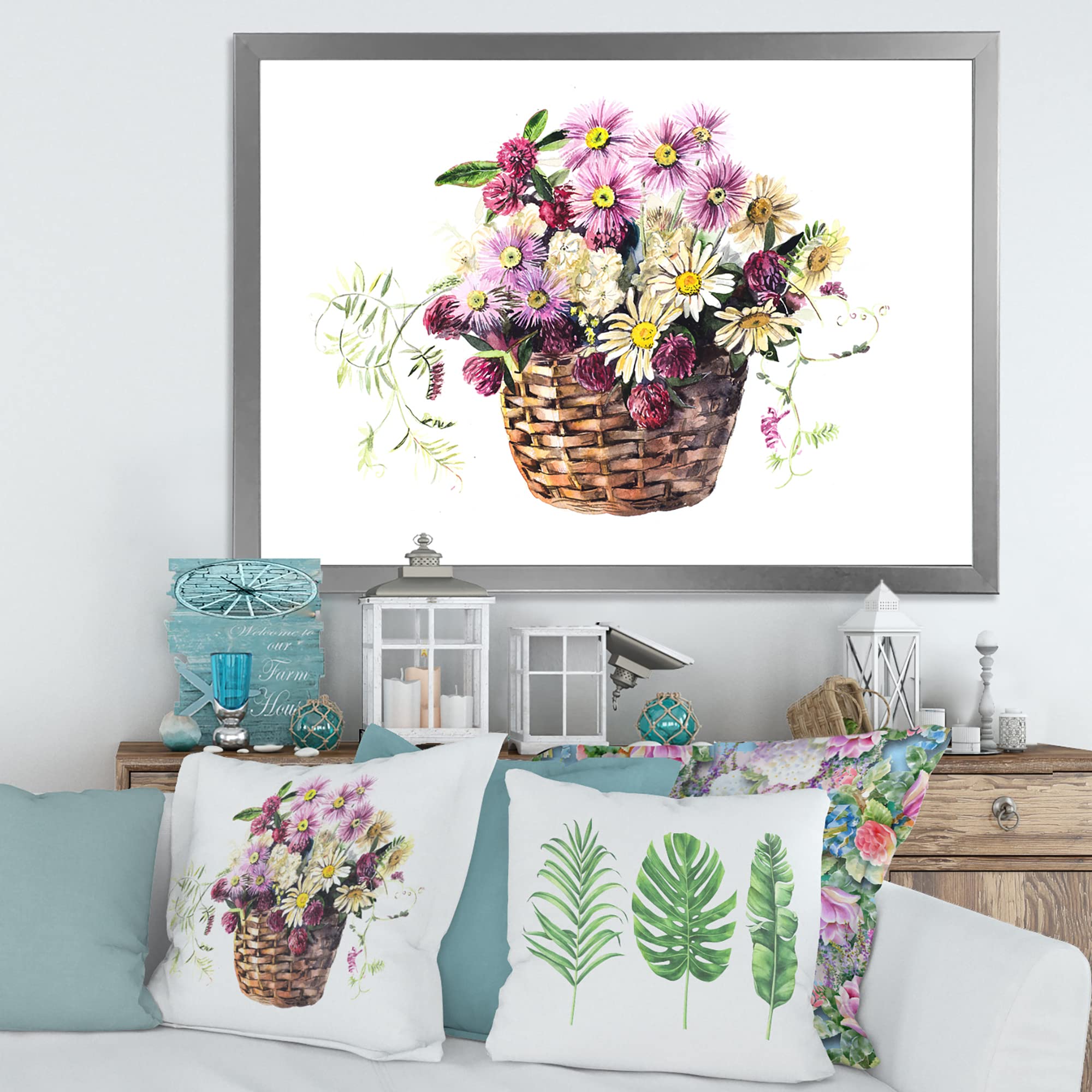 DesignQ Traditional Framed Wall Art - Meadow Flower Bouquet in Basket Painting - Perfect for Living Room, Bedroom & Office Decor
