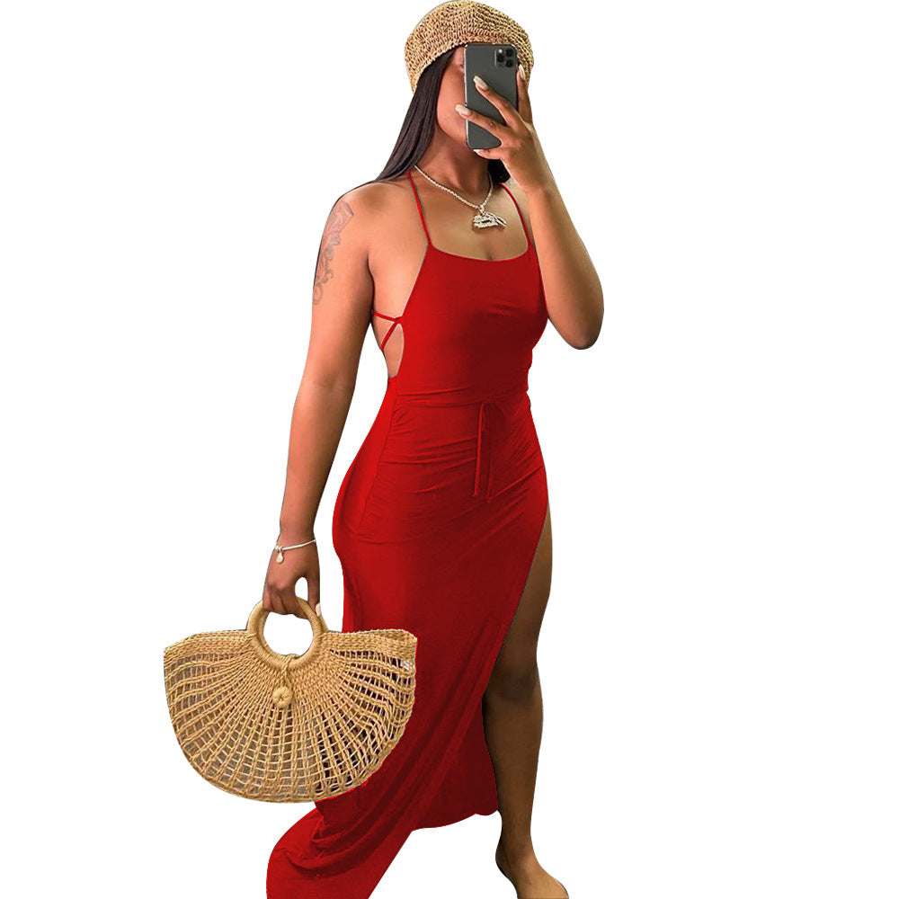 ANJAMANOR Black Asymmetric Backless High Slit Maxi Dress for Women - Sexy Club Outfits, Vacation & Beach Wear - Perfect for Night Out, Party, Summer Vacation and Beach Getaways