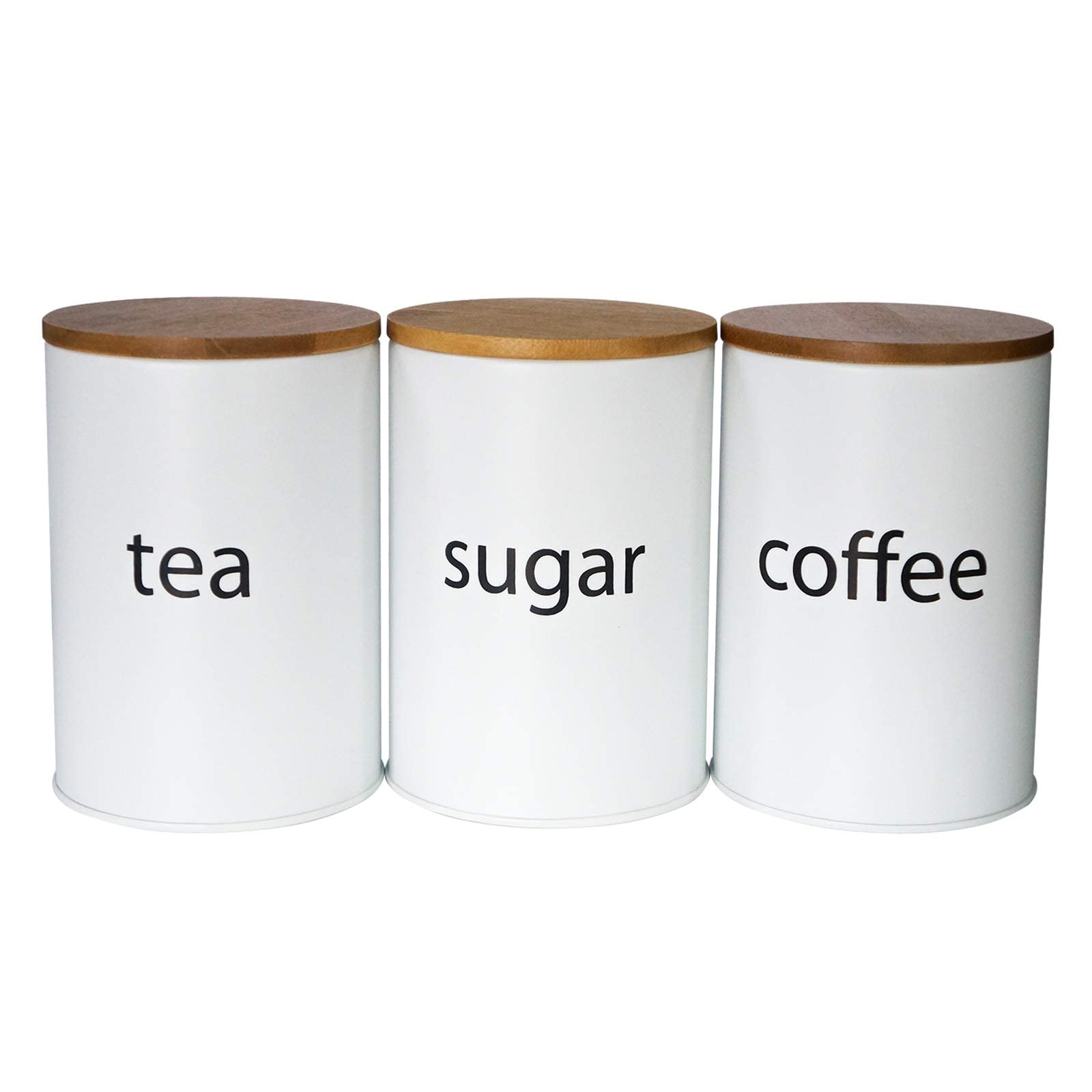 SOTECH 3-Piece White Metal Canister Set with Bamboo Lids - Airtight Sugar Coffee Tea Storage Jars for Kitchen Countertop - Farmhouse Country Kitchen Decor - Perfect for Pantry Organization & Coffee Bar Display