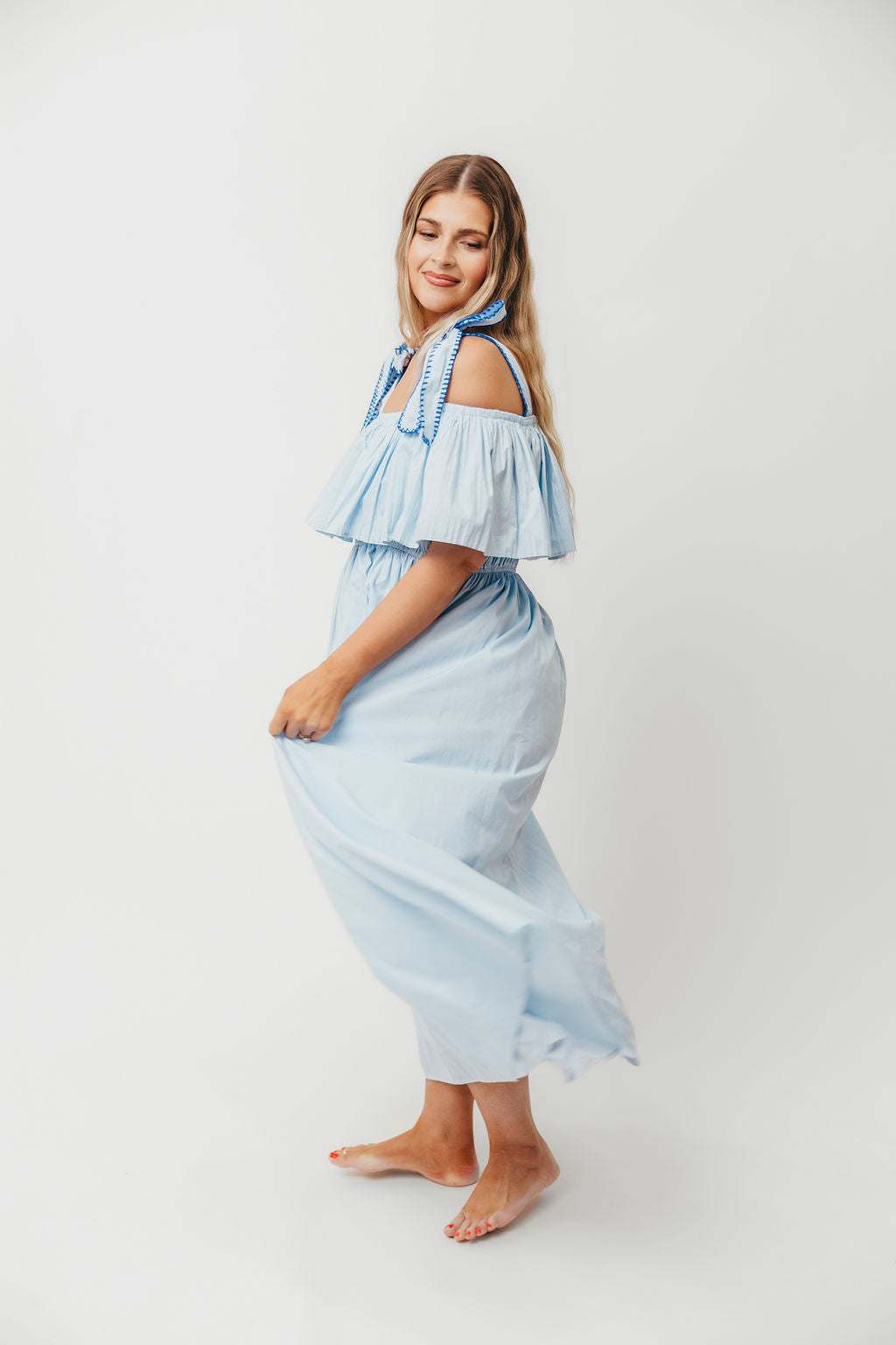Aviva 100% Cotton Pleated Off Shoulder Midi Dress - Light Blue Summer Dress for Beach, Wedding & Casual Outings