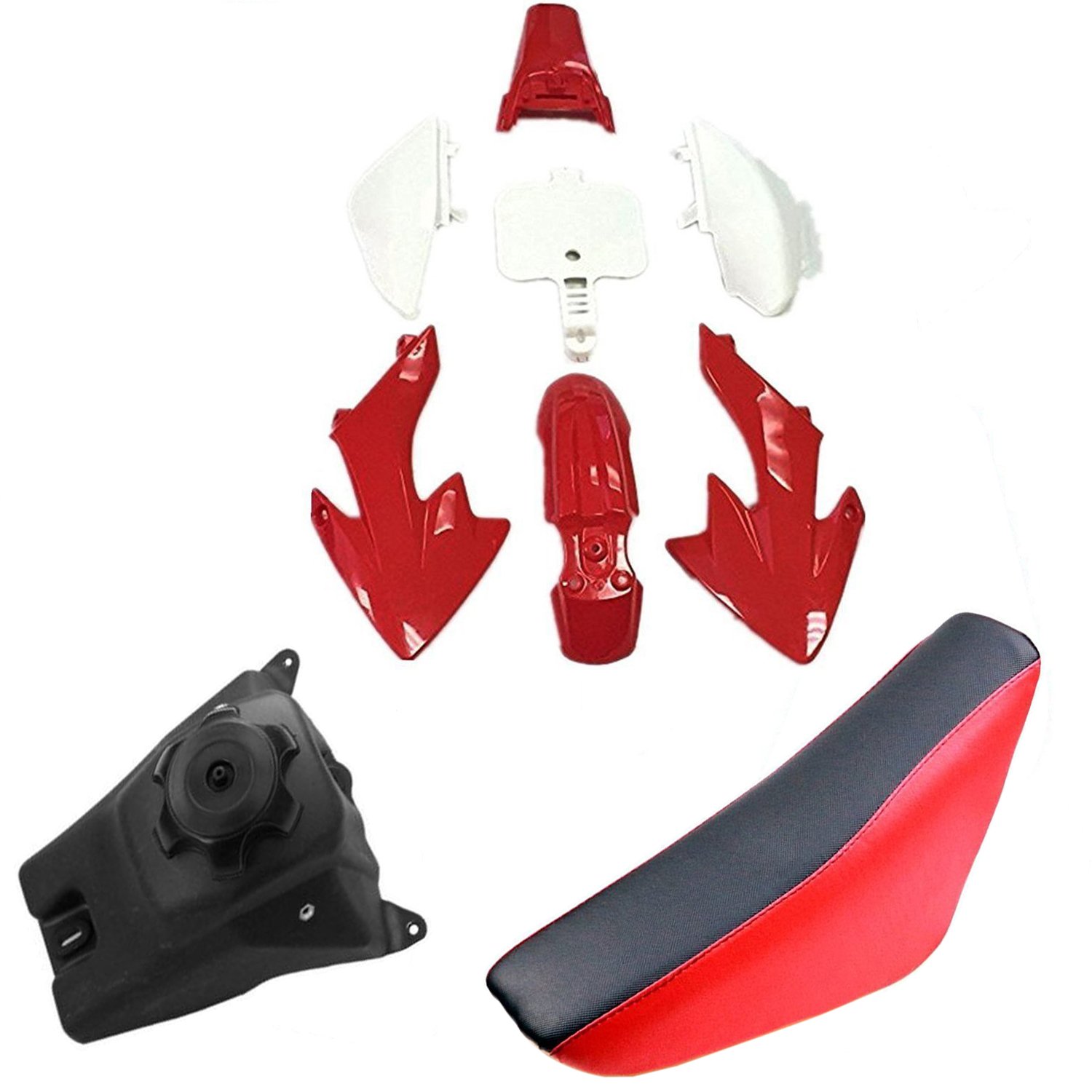 Red Plastic Fenders with Tall Seat & Black Gas Tank for CRF50 Pit Bike - Dirt Bike Accessories for Kids & Adults, Off-Road Trail Riding & Motocross Racing
