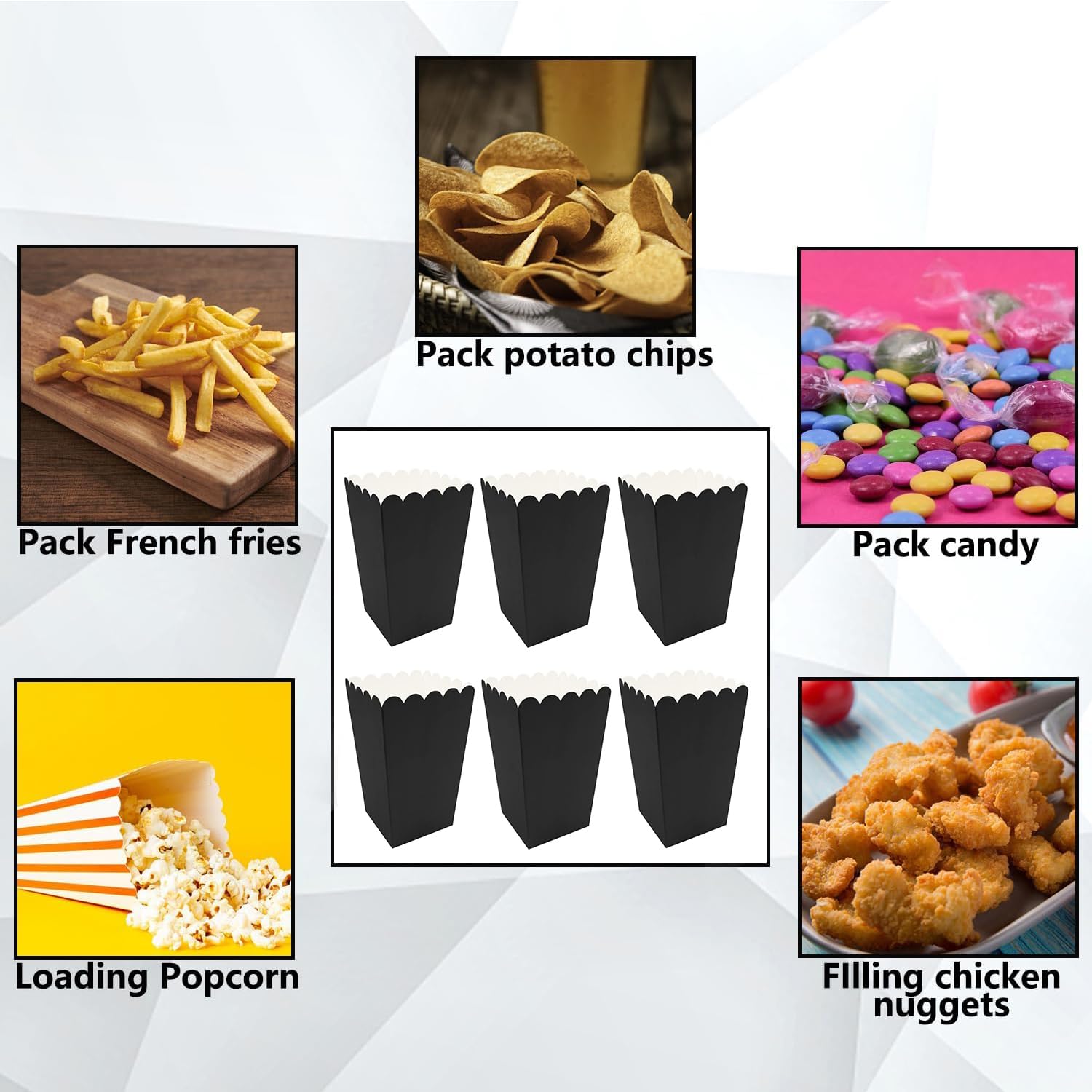 24 Pcs Black Mini Paper Popcorn Boxes - Cardboard Popcorn Containers for Movie Nights, Birthday Parties & Carnival Events