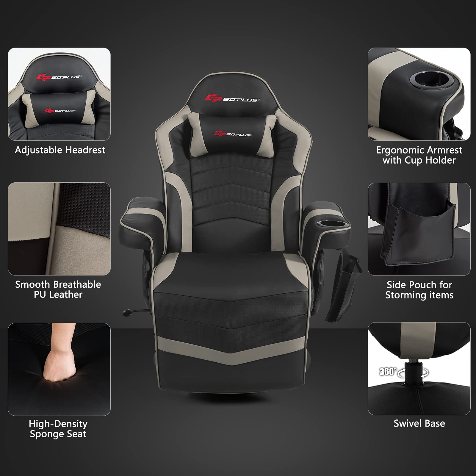 Powerstone Ergonomic Gaming Recliner Chair with Massage & Footrest - PU Leather Video Game Chair with Adjustable Headrest, Cup Holder & Side Pouch - Comfortable Home Theater Seating for Living Room & Game Room (Grey) - Perfect for Esports, Console Gaming & Movie Nights
