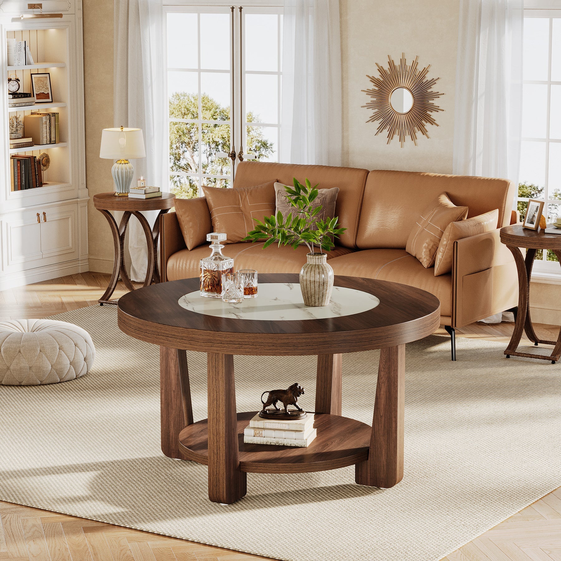 2-Tier Round Wood Coffee Table - Modern Accent & Center Table for Living Room, Bedroom, or Office Decor