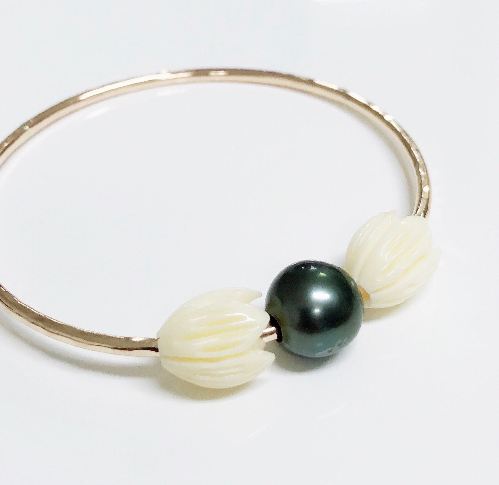 PAIGE Bangle Bracelet with Pikake & Tahitian Pearl - Elegant Jewelry for Women (B434) | Perfect for Weddings, Parties & Special Occasions