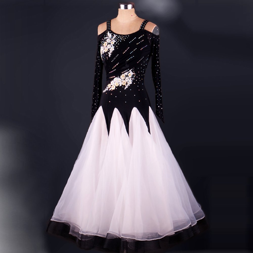 Elegant Women's Modern Waltz Tango Smooth Ballroom Dance Dress - Standard Competition Ballroom Gown (Size S) Black & White - Perfect for Dance Competitions, Performances & Social Dancing Events