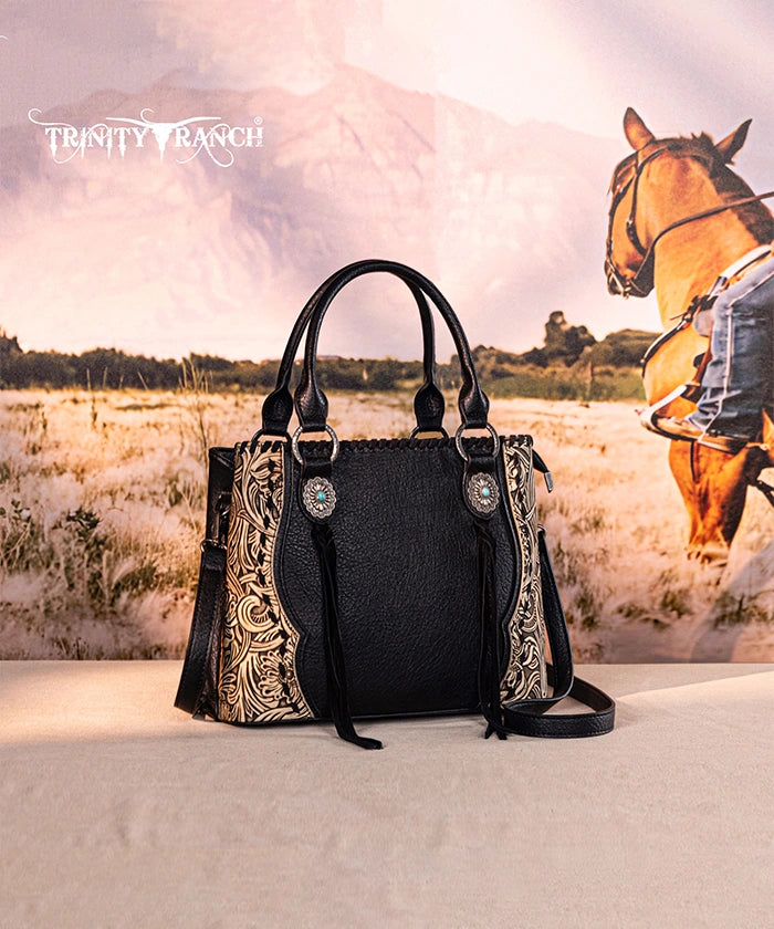 Trinity Ranch Floral Tooled Concho Tote Bag Set - Western Style Leather Handbag for Women - Perfect for Cowgirl Fashion, Rodeo Events & Country Outfits