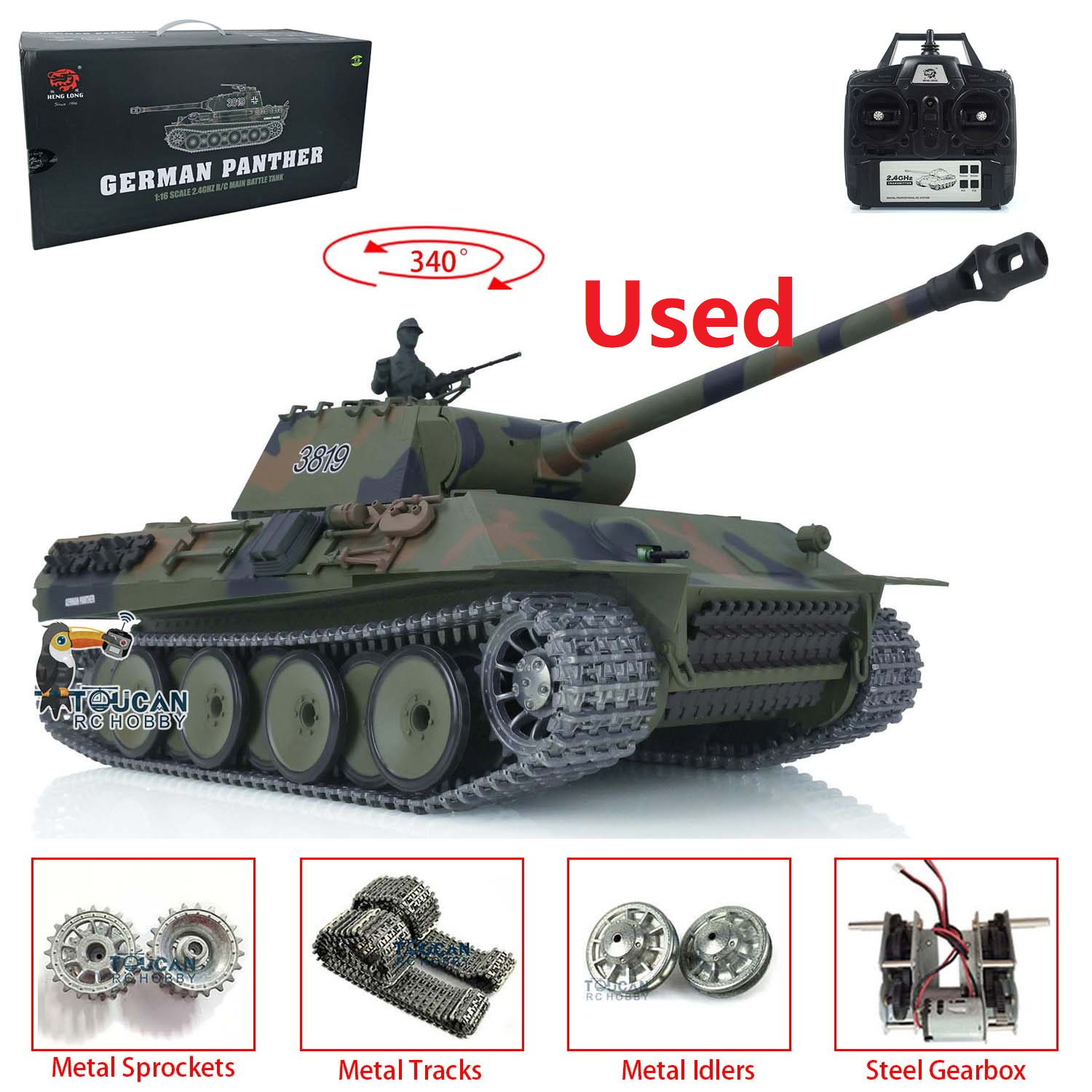 1/16 Henglong TK7.0 Upgraded German Panther RC Tank Model 3819 - Metal Idler Sprocket Wheels & Tracks - Second Hand US Stock - Perfect for Military Collectors, RC Hobbyists & Battle Reenactments