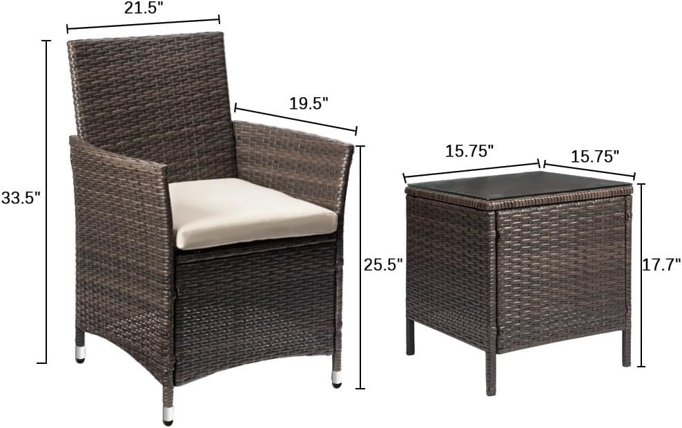 Devoko 3-Piece PE Rattan Wicker Patio Furniture Set with Table - Outdoor Garden Porch Chairs in Brown/Beige - Perfect for Backyard, Poolside & Terrace Relaxation