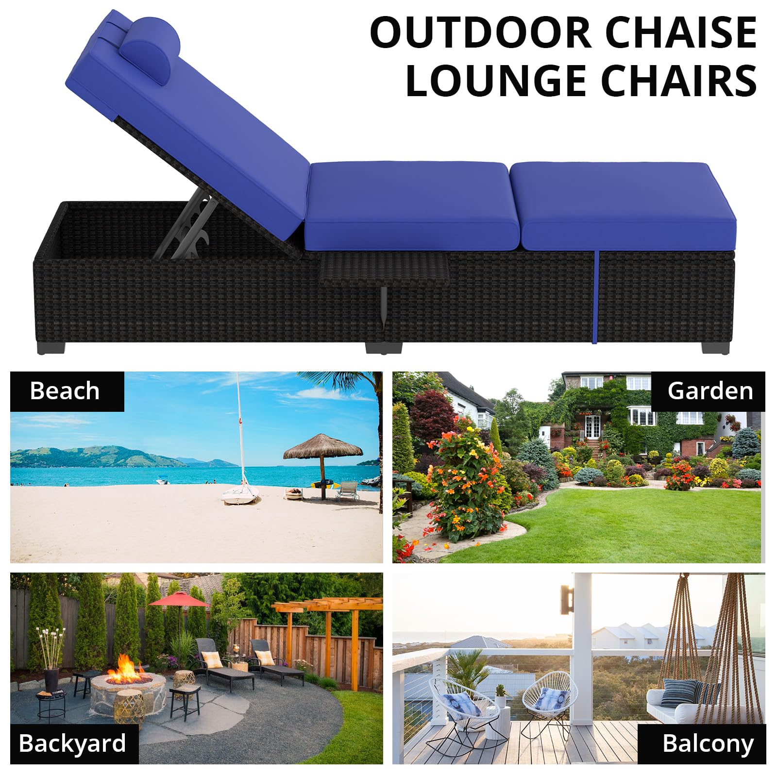 GAOMON 2-Piece Outdoor Patio Lounge Chair Set - Adjustable PE Wicker Chaise Lounge with Storage Table - Brown Rattan Poolside Furniture for Backyard, Garden & Beach Relaxation