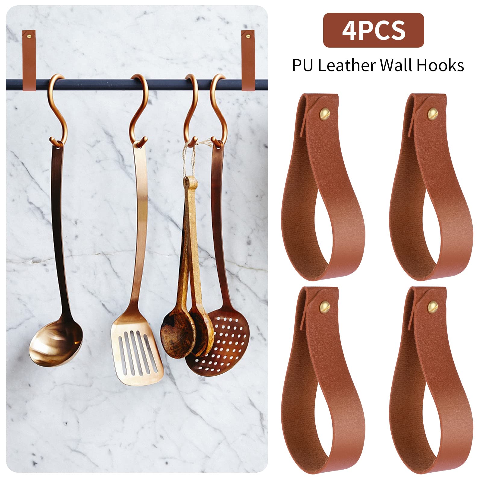 4Pcs Leather Hook Lanyard - Boho Style Wall Hanging Straps for Towels, Curtains & Decor - Durable Hanger for Bathroom, Kitchen & Bedroom - Perfect for Organizing & Stylish Home Decor (Brown)