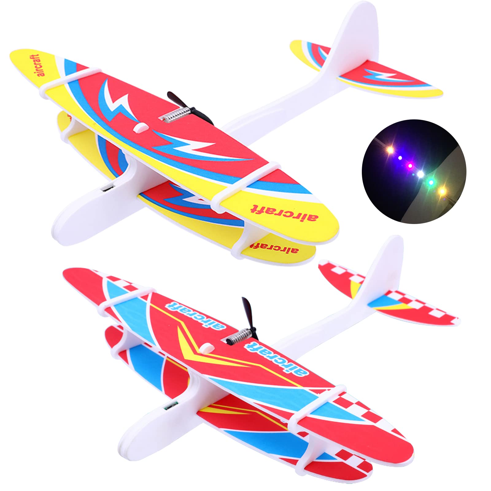 2 Pack Foam Airplane Toys for Kids - LED Light Up Glider Planes for Outdoor Play, Birthday Party Favors, Beach & Camping Games - Fun Flying Toys for Boys & Girls (2P LED Plane)
