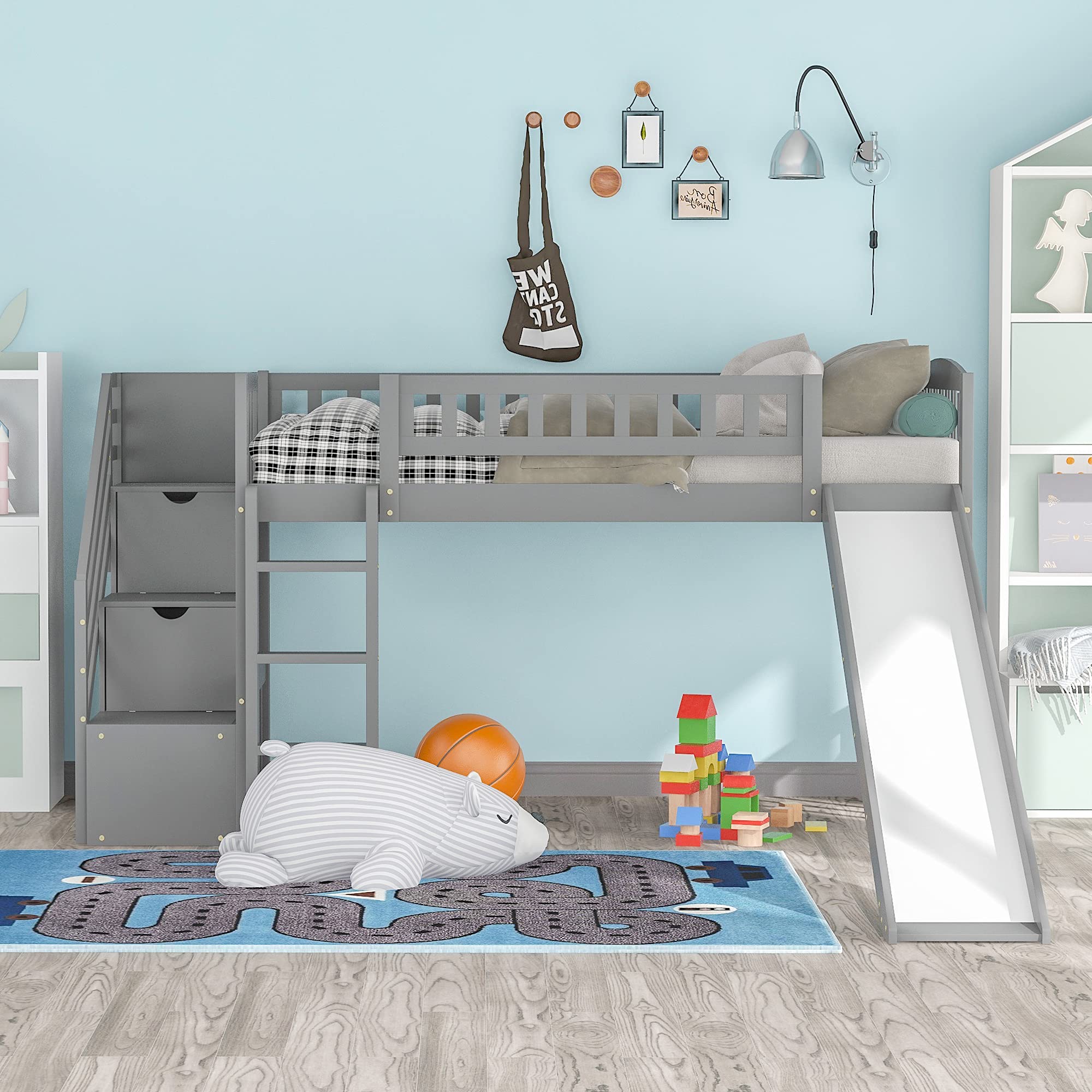 Danxee Twin Loft Bed with 2 Drawers & Slide - Sturdy Wood Loft Bed with Staircase, No Box Spring Required (Gray) - Perfect for Kids' Bedroom, Dorm Room & Space-Saving Small Apartments