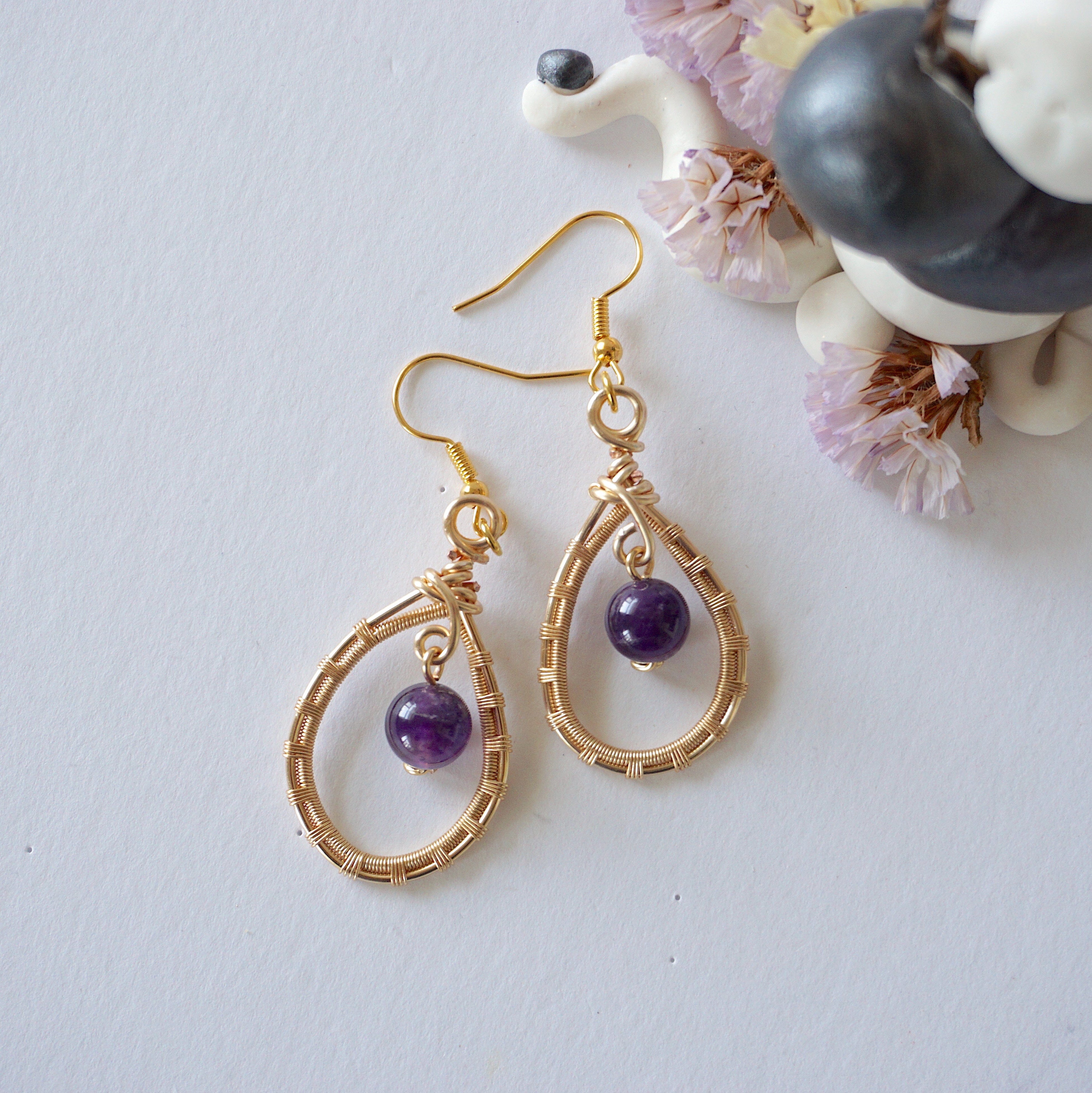 Amethyst Round Wire Earrings - Gold Plated Dangle Earrings for Women | Elegant Jewelry Gift for Birthday, Wedding & Party | Hypoallergenic & Tarnish-Free