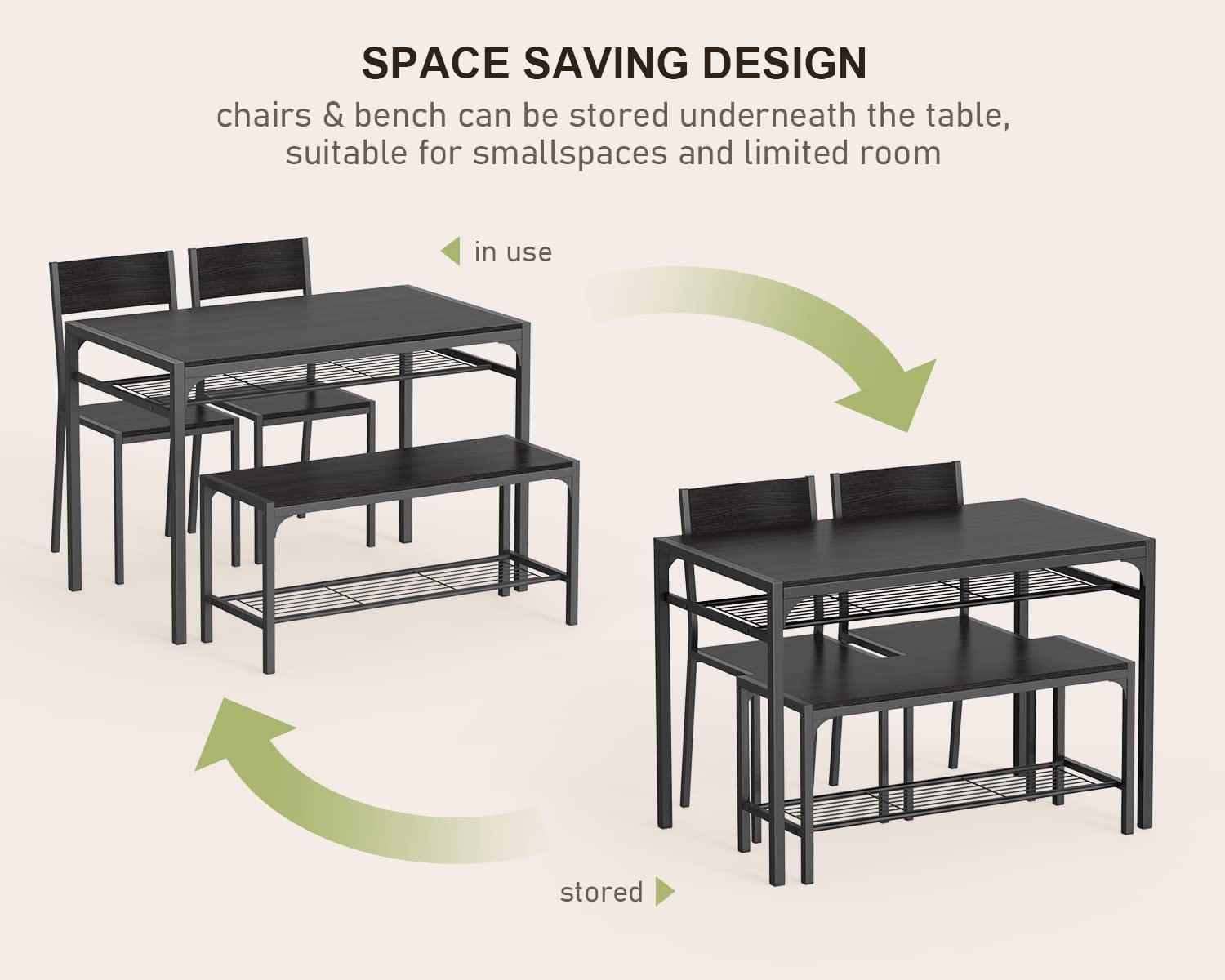 Gizoon 4-Piece Dining Table Set with Bench - Kitchen Table and 2 Chairs for 4 - Space Saving Small Apartment Furniture for Breakfast Nook, Tiny Homes & Compact Living Spaces