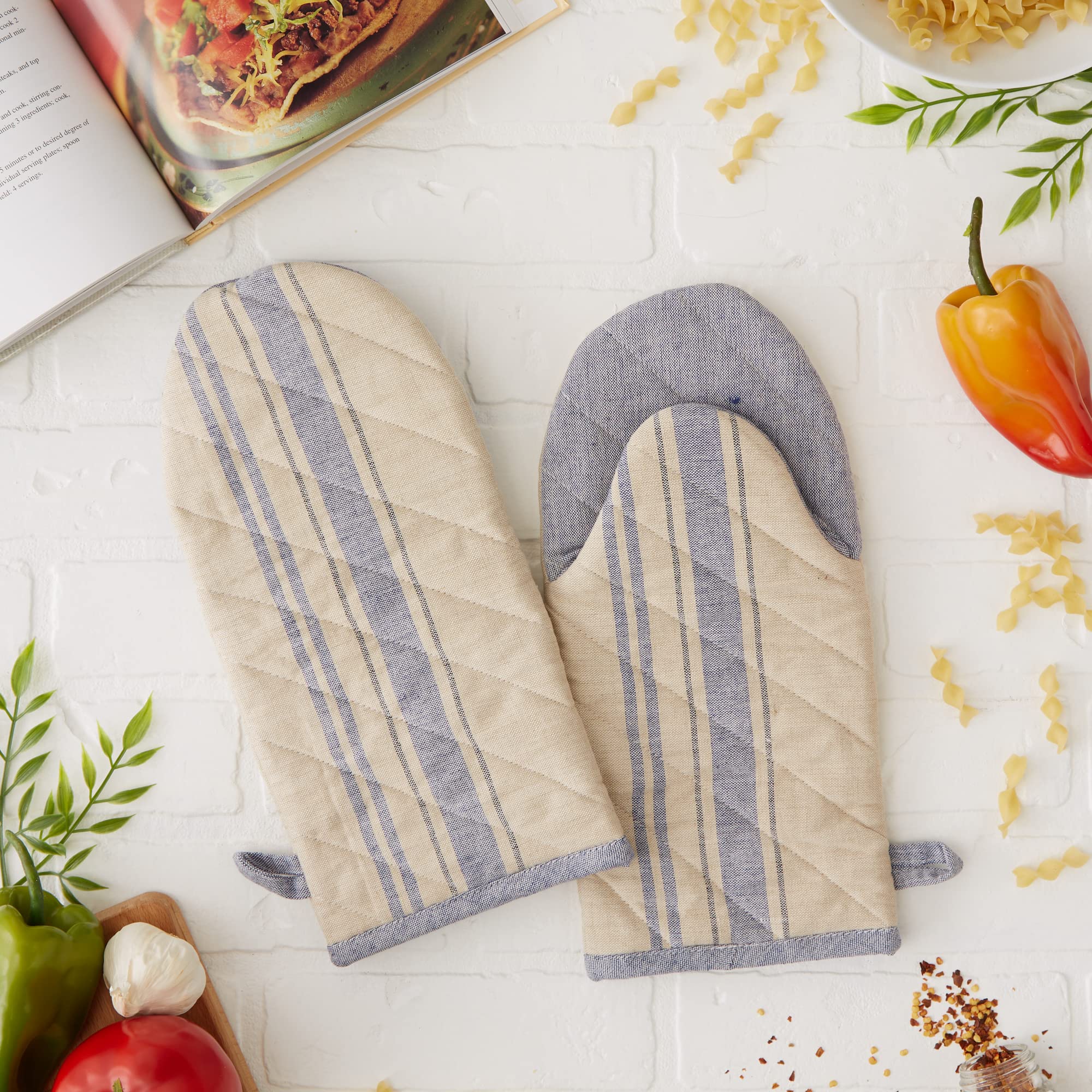 DII French Stripe Oven Mitts Set of 2 - Nautical Blue Kitchen Collection - Heat Resistant Baking Gloves for Cooking, Grilling & Baking - Perfect for Home Kitchen & BBQ Parties