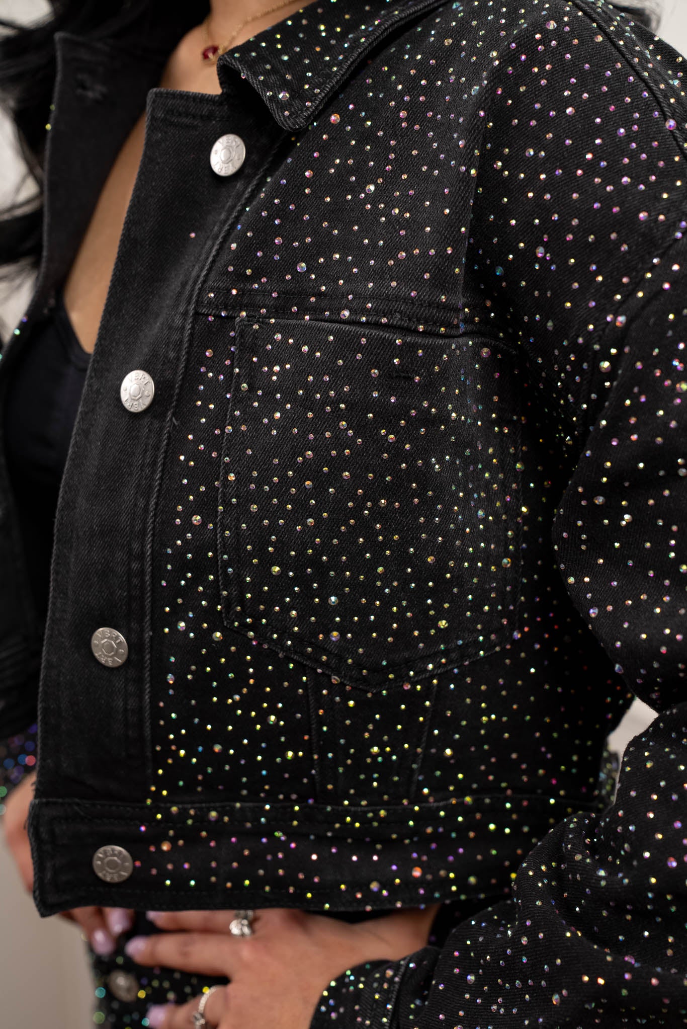 Rhinestone Embellished Cropped Denim Jacket for Women - Stylish Distressed Vintage Look - Perfect for Parties, Concerts & Casual Outfits