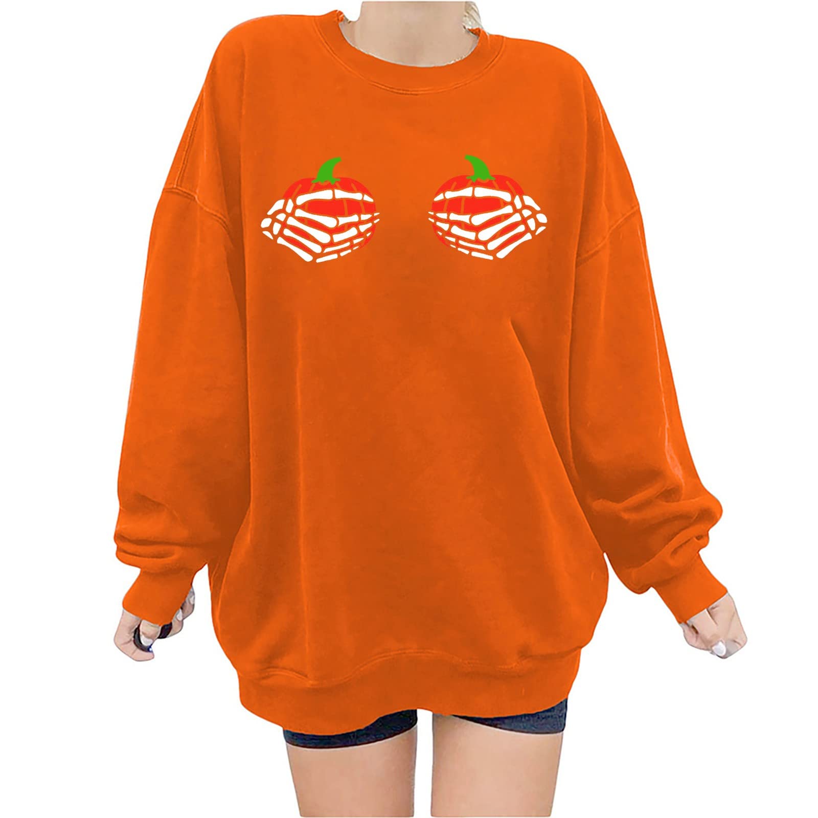 Halloween Pullover Sweatshirt for Women - Pumpkin Skull Print Long Sleeve Crewneck Casual Loose Fit Shirt | Perfect for Halloween Parties, Trick or Treating & Fall Festivals