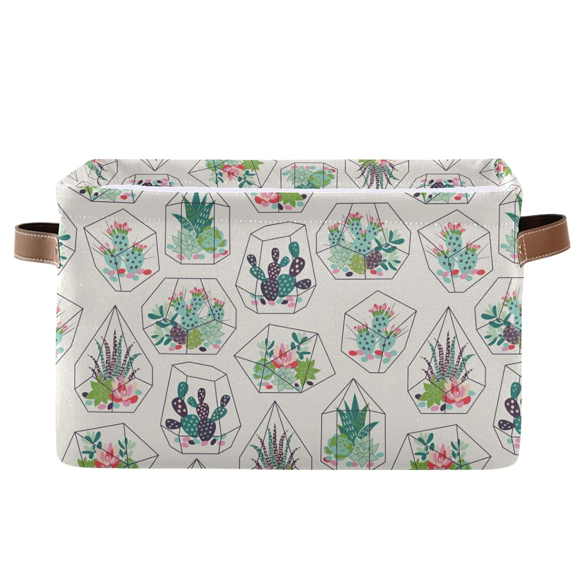 Cactus Succulents Garden Round Storage Basket - Collapsible Canvas Organizer Box for Laundry, Toys & Clothes | Perfect for Bedroom, Nursery & Gift Baskets (1-Piece)