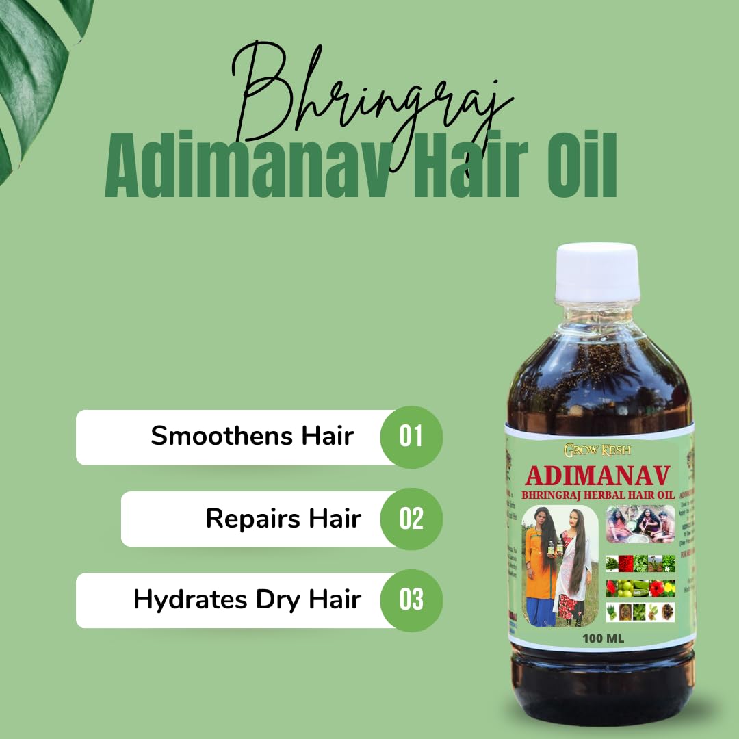 Growkesh Adimanav Bhringraj Herbal Hair Oil - 100% Pure & Natural Hair Growth Treatment for Men & Women | 200ml (Pack of 2) | Reduces Hair Fall, Promotes Thick & Long Hair | Perfect for Daily Scalp Massage & Ayurvedic Hair Care Routine