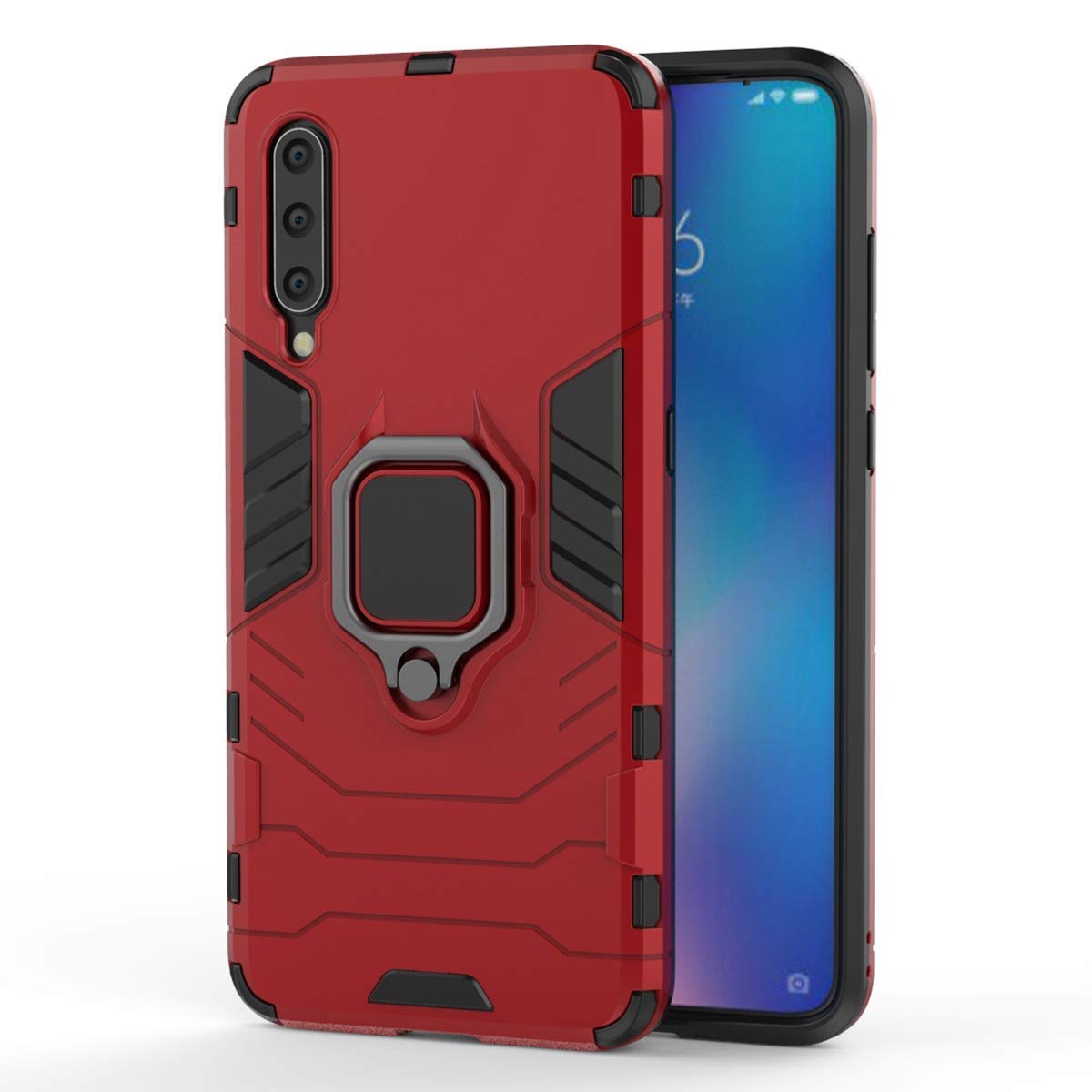 LuluMain Shockproof Hard Bumper Case for Xiaomi Mi 9 - Metal Ring Grip & Kickstand | Compatible with Magnetic Car Mount | Dual Layer Rugged Cover (Red) - Perfect for Daily Protection, Outdoor Activities & Hands-Free Viewing