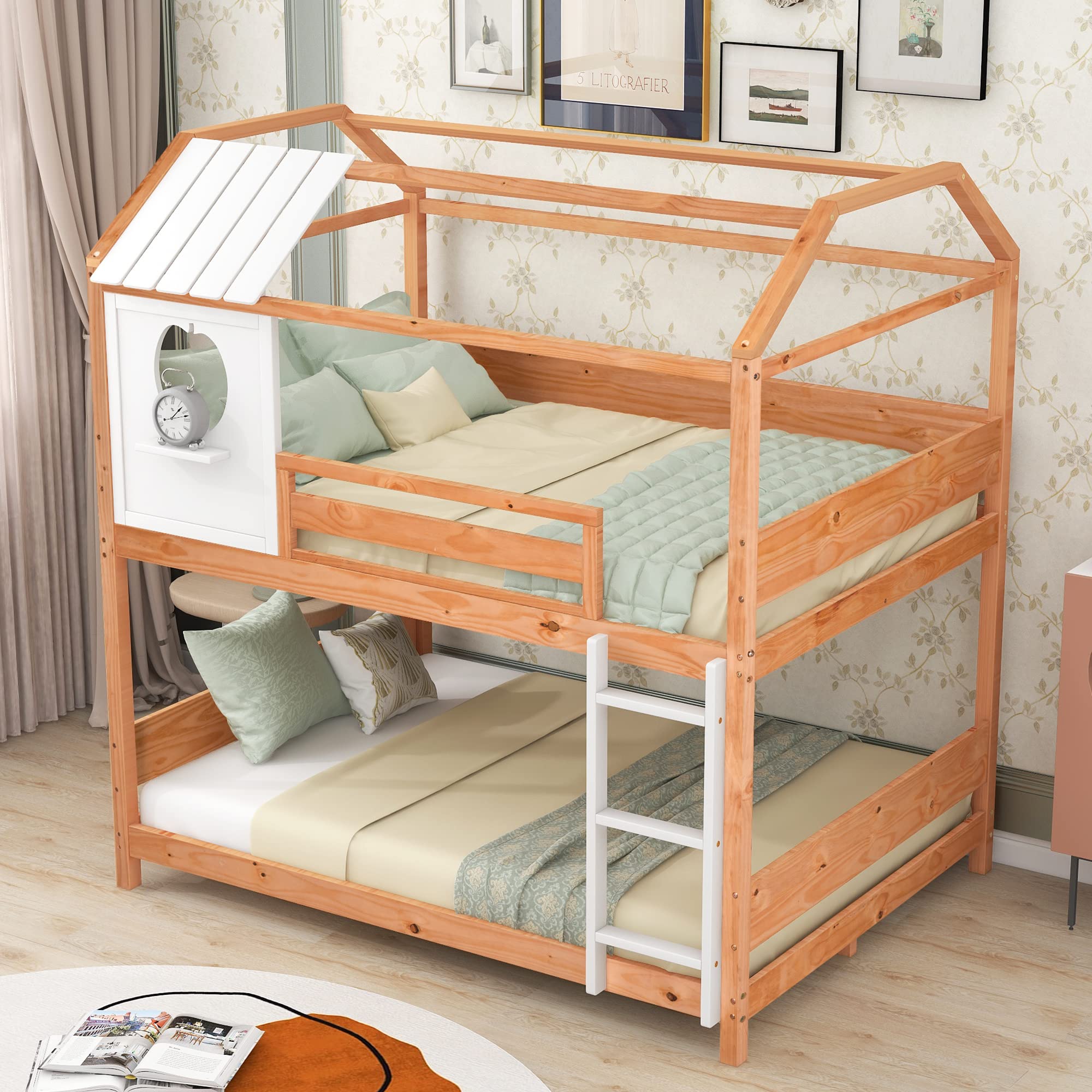Full Over Full Size Solid Wood Bunk Bed with Window/Roof Design, Built-in Little Shelf & Full-Length Guardrail - Low Profile Frame, No Box Spring Needed - Perfect for Kids' Bedrooms, Guest Rooms & Small Spaces