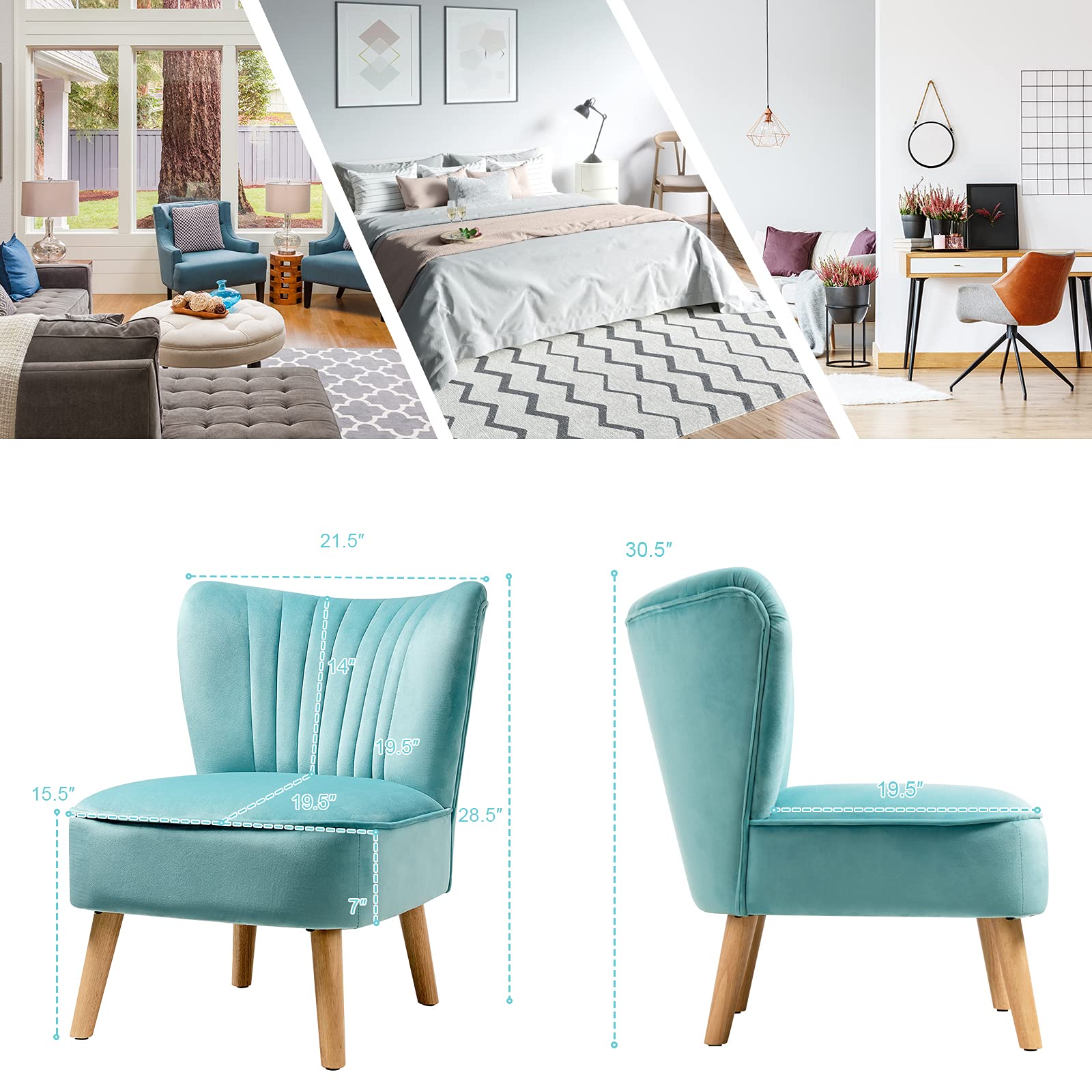 Velvet Modern Armless Accent Chair with Rubber Wood Legs & Thick Sponge Seat - Upholstered Wingback Sofa Chair for Living Room, Bedroom & Office - Turquoise Blue Leisure Chair for Reading Nook, Lounge & Small Spaces
