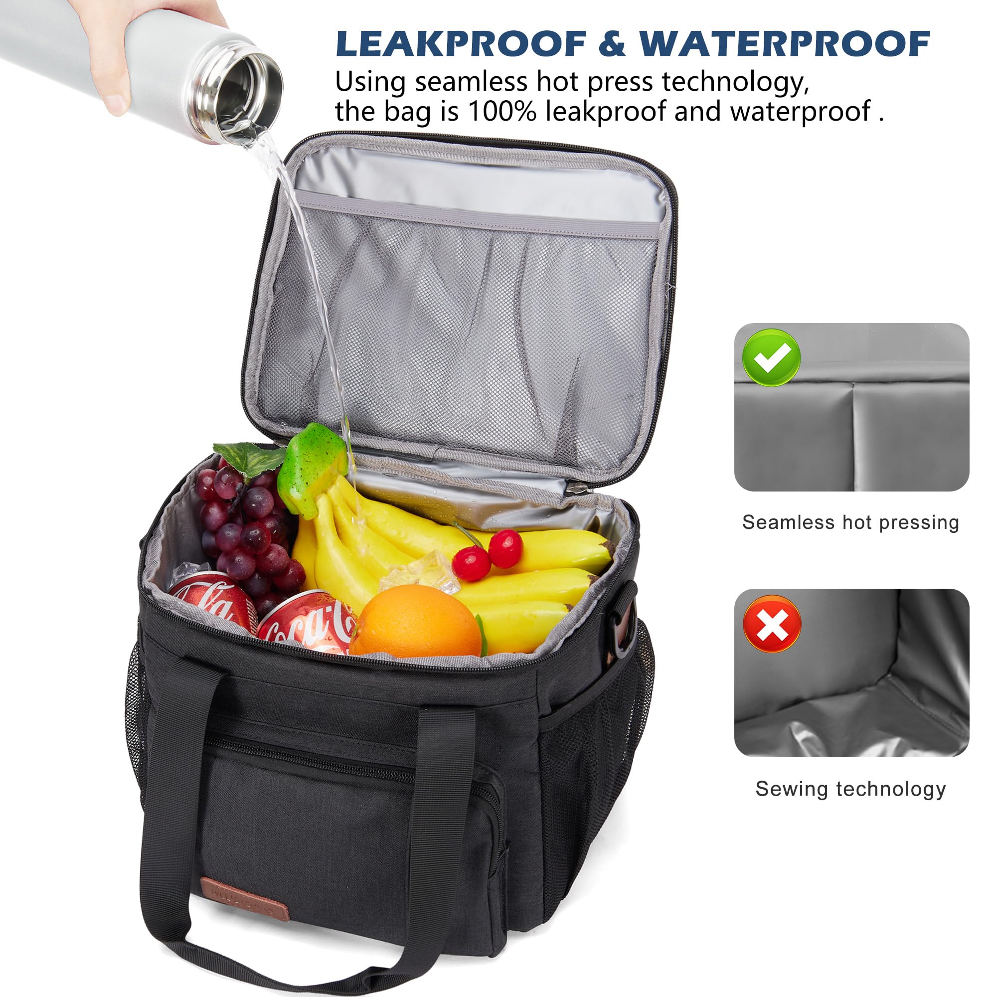 MIYCOO Insulated Lunch Bags for Men & Women - Large 12L Leakproof Soft Cooler Tote Bag (Black) - Perfect for Work, School, Picnics & Outdoor Activities