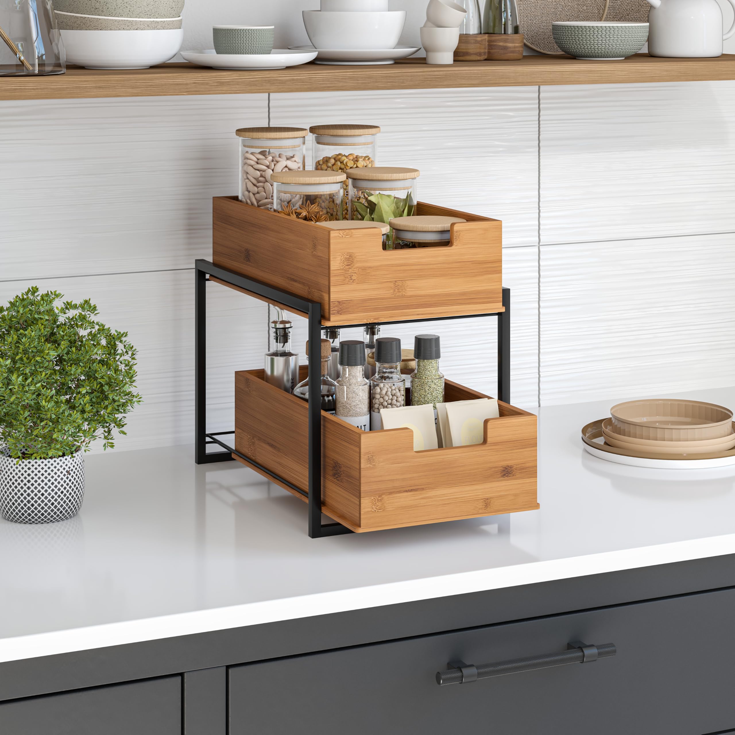 Seville Classics Premium Bamboo 2-Tier Organizer Storage Bins Set - Kitchen Utensils, Pantry, Office Desk, Closet Organizer for Silverware, Pens, Makeup & K-Cups (Black) - Perfect for Home, Office & Dorm Organization