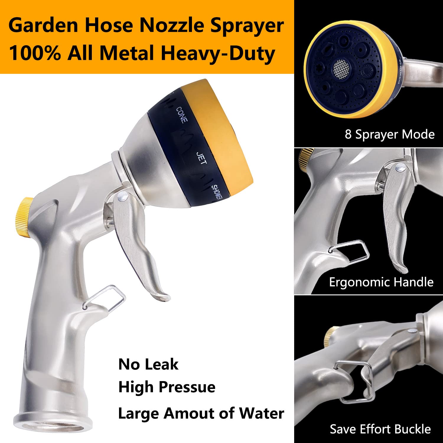 **AINEED Heavy Duty Metal Garden Hose Nozzle Sprayer - High Pressure Water Hose Nozzle with 8 Adjustable Spray Patterns for Lawn, Plants, Car Washing, Patio & Pets - Perfect for Gardening, Cleaning & Outdoor Use**