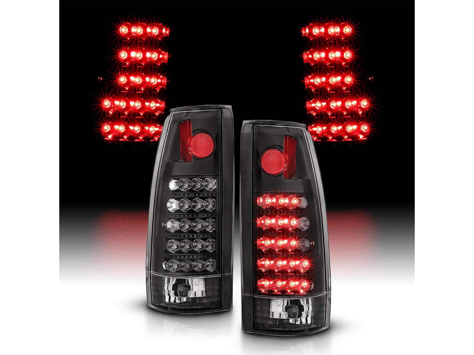 AmeriLite LED Tail Lights Assembly Pair - Black Housing for 1988-1999 Chevy GMC C/K Pickup Truck, Tahoe, Suburban (Driver & Passenger Side) | Durable Replacement Lights for Night Driving & Enhanced Safety
