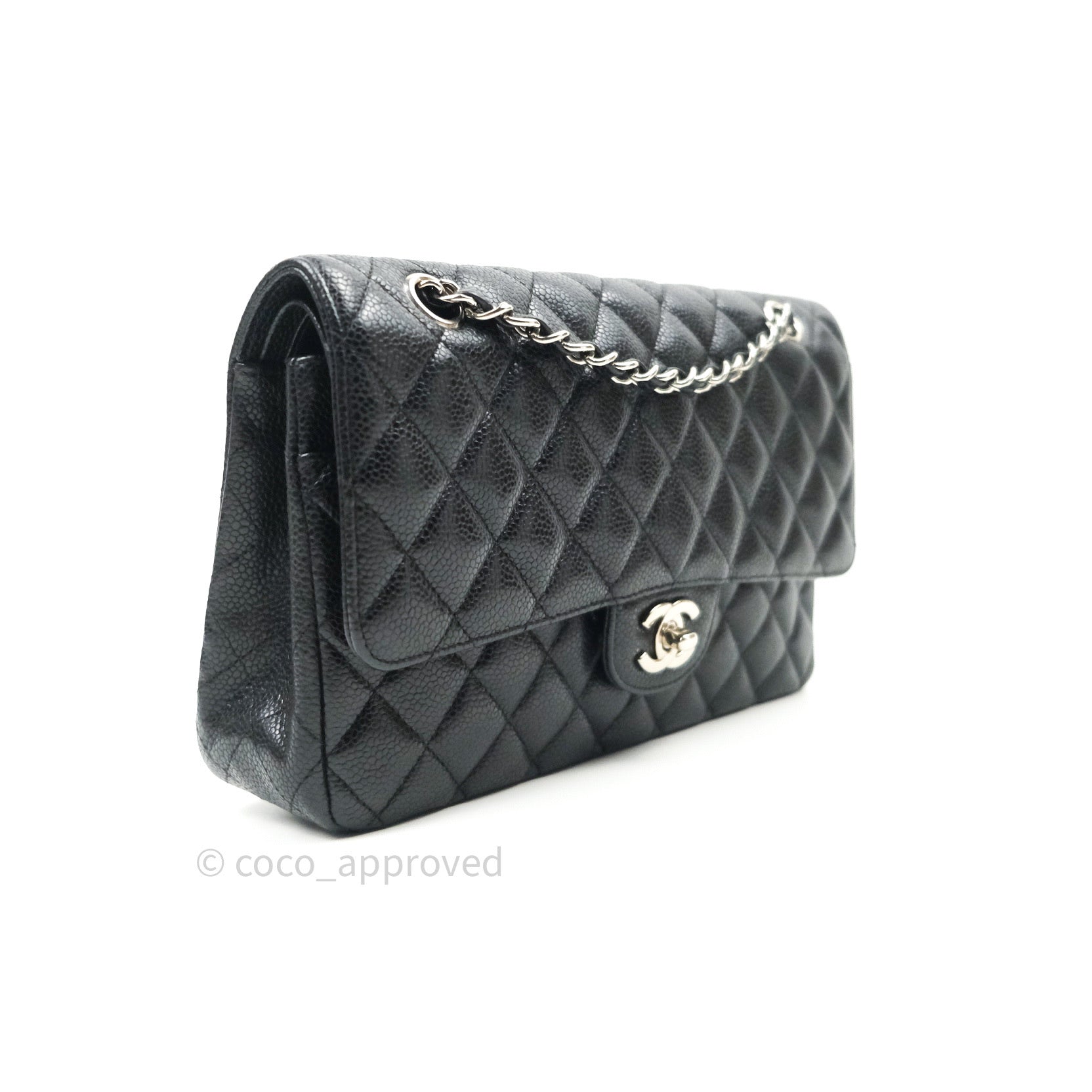 Chanel Classic Medium Double Flap Bag Black Caviar Leather with Silver Hardware - Luxury Shoulder Bag for Women, Perfect for Work, Evening Events & Special Occasions