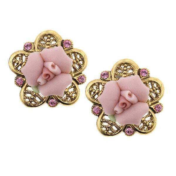1928 Vintage Bridal Pink Crystal & Porcelain Rose Filigree Button Earrings for Women - Perfect for Weddings, Prom, Anniversary Gifts & Special Occasions