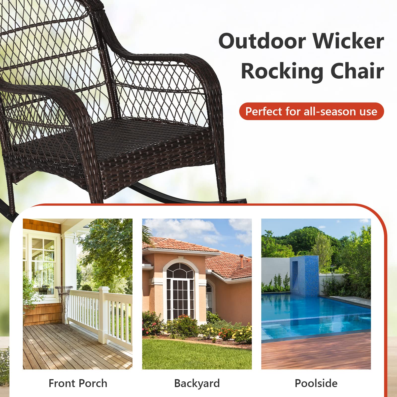 **MEDIMALL Outdoor Wicker Rocking Chair with Lumbar Pillow & Cushions – Patio Rattan Rocker with Padded Seat, Durable Metal Frame, Mix Brown Wicker Furniture for Balcony, Porch, Deck, Backyard (Red) – Perfect for Relaxing, Reading, or Sunbathing**