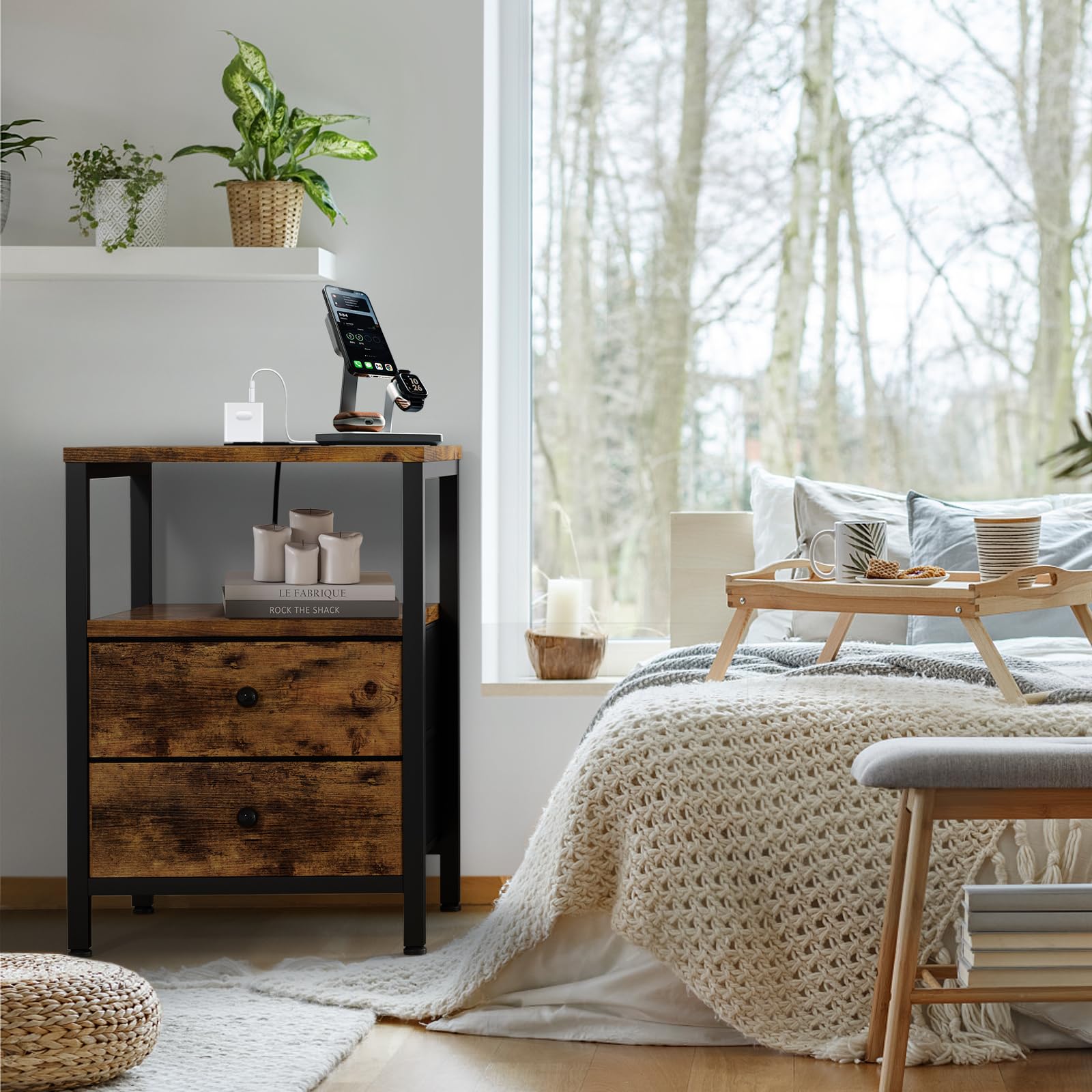Modern Brown Nightstand Set of 2 with USB Charging Station & Drawer - Bedroom End Tables for Dorm, Apartment & Guest Room - Sturdy Bedside Tables with Storage Space