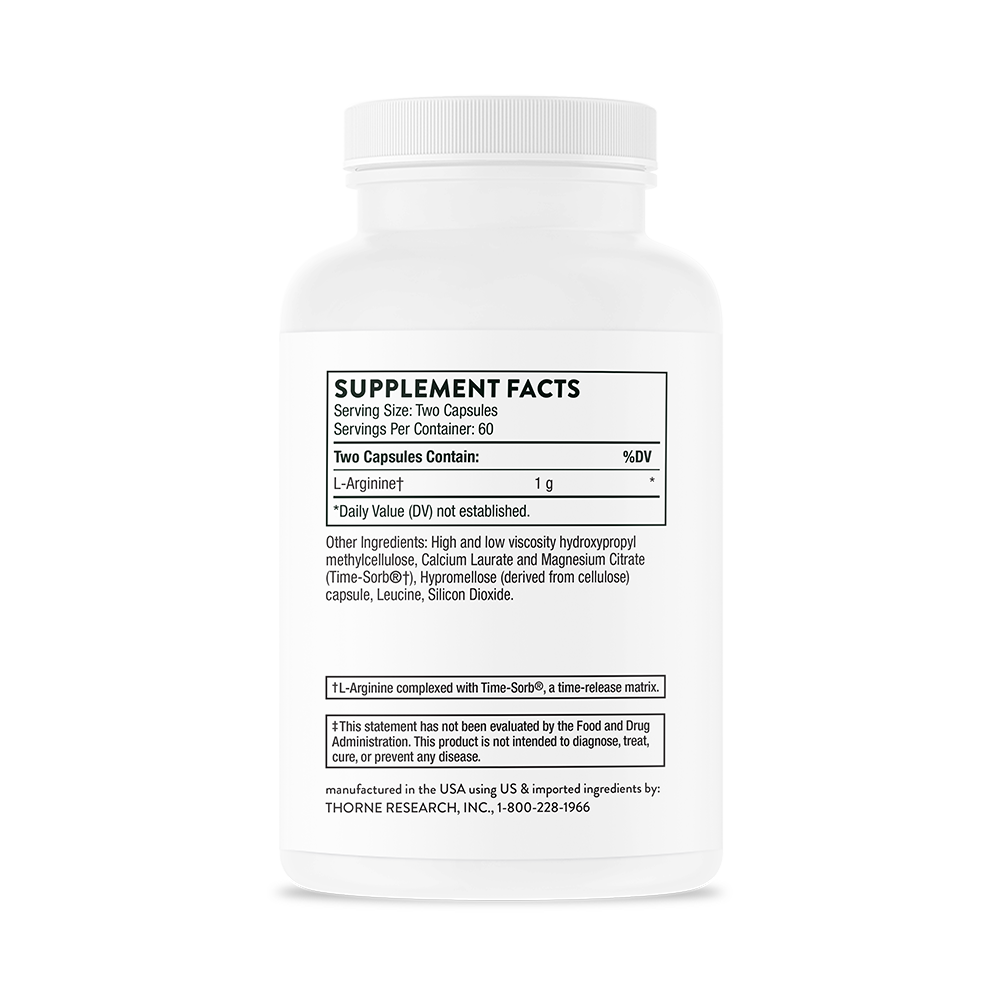 Thorne L-Arginine 500mg - 120 Capsules | Nitric Oxide Booster for Heart Health & Blood Flow Support | Pre-Workout Supplement for Athletes & Fitness Enthusiasts