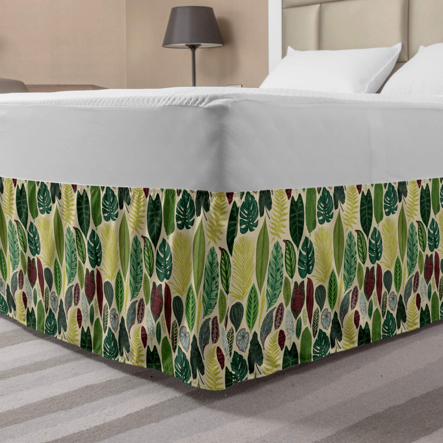 Ambesonne Tropical Bed Skirt - Vintage Style Nature Scenery with Leaf Design, Elastic Dust Ruffle Wrap Around Bedskirt for King Size Beds | Perfect for Beach House Decor, Tropical Bedroom Theme & Boho Chic Home Styling