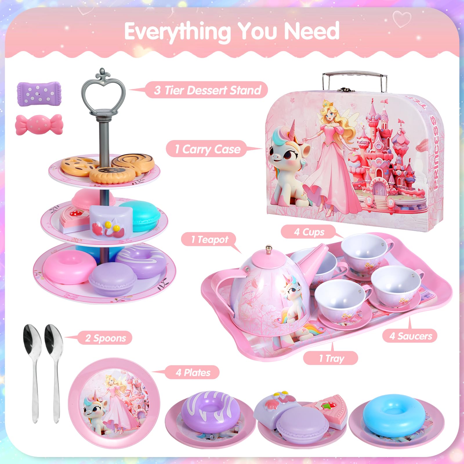 Unicorn Tea Party Set for Girls - Princess Tea Time Play Kitchen Toy with Tin Teapot, Desserts, Cookies, Donut & Cake Tray | Perfect Birthday Gift for Kids Ages 3-8 | Pretend Play, Tea Parties & Imaginative Fun