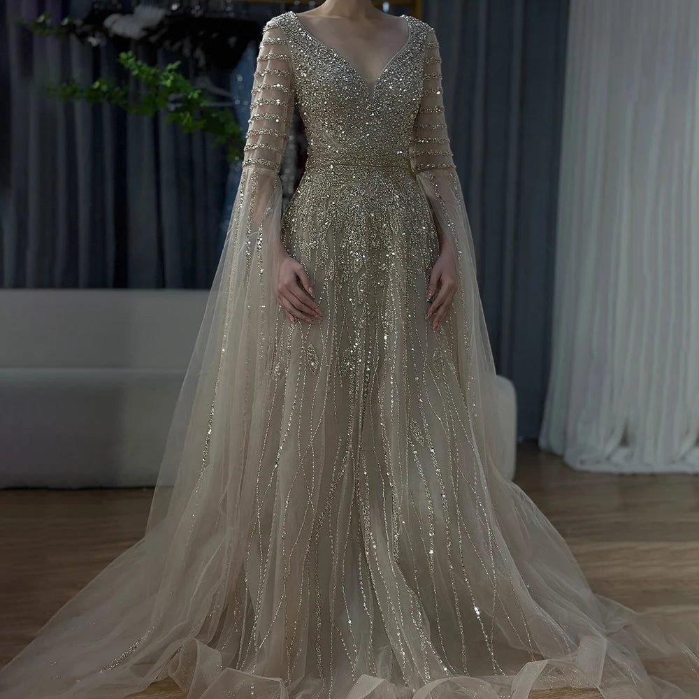 Elegant Beaded Long Evening Gowns with Cape Sleeves - Luxury Dubai Arabic Caramel A-Line Formal Dress for Women | Perfect for Weddings, Galas & Special Occasions LA72750